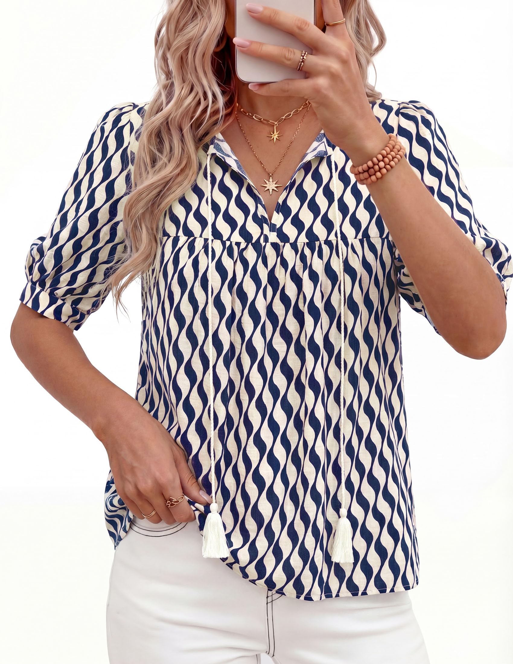 Womens Summer Boho Blouses Dressy Casual White Blue Striped,S