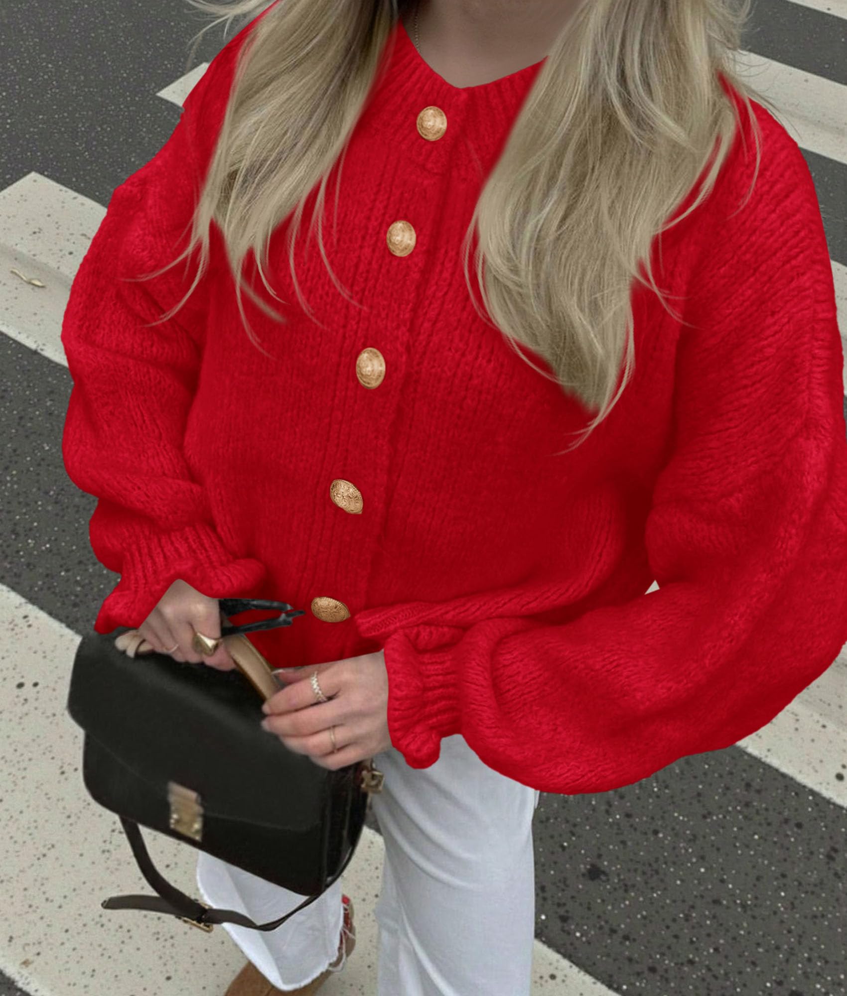 Womens Long Sleeve Chunky Knit Cardigan Sweaters,Red,S