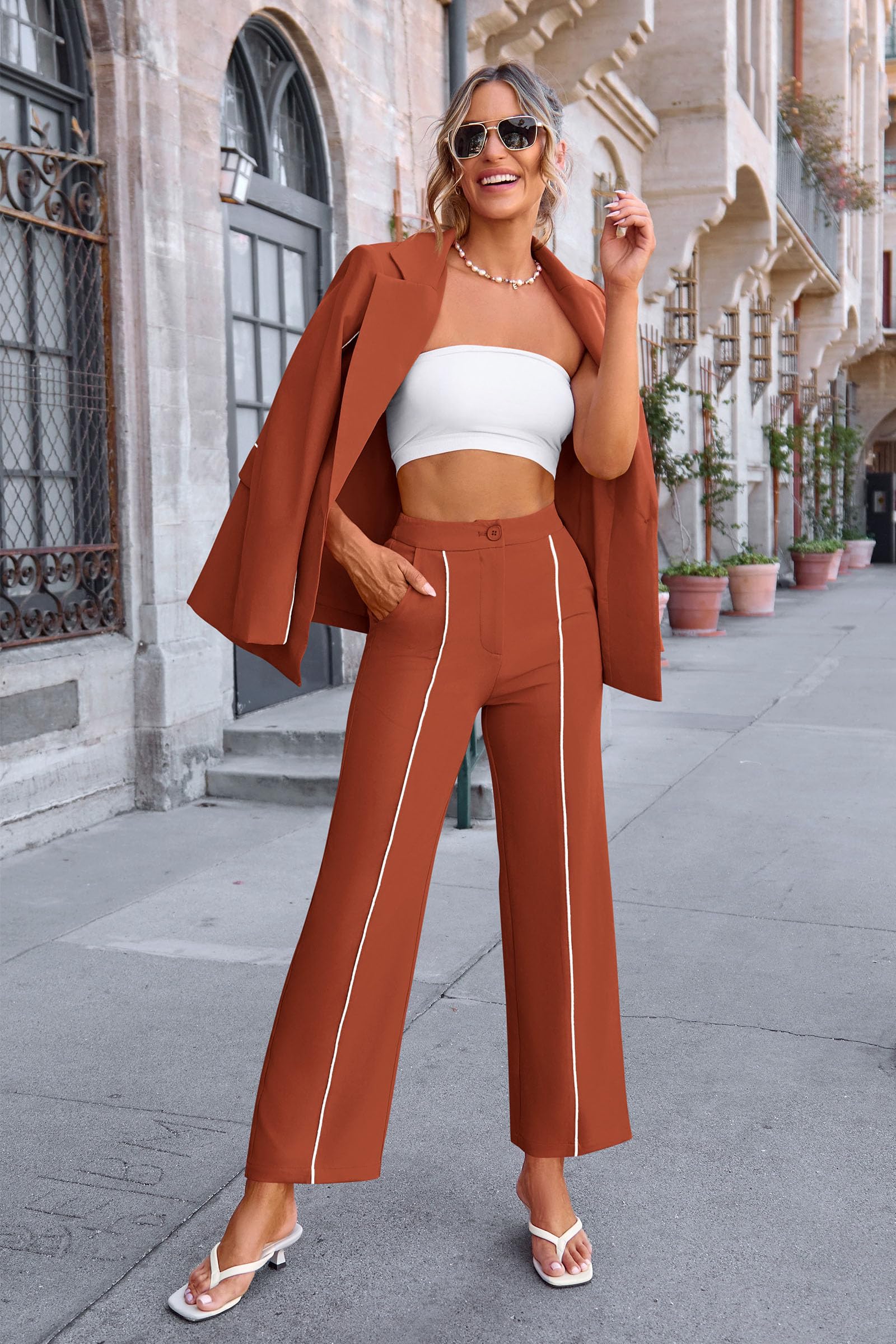 Women's 2 Piece Blazer Business Casual Outfits(Brick Red,S)