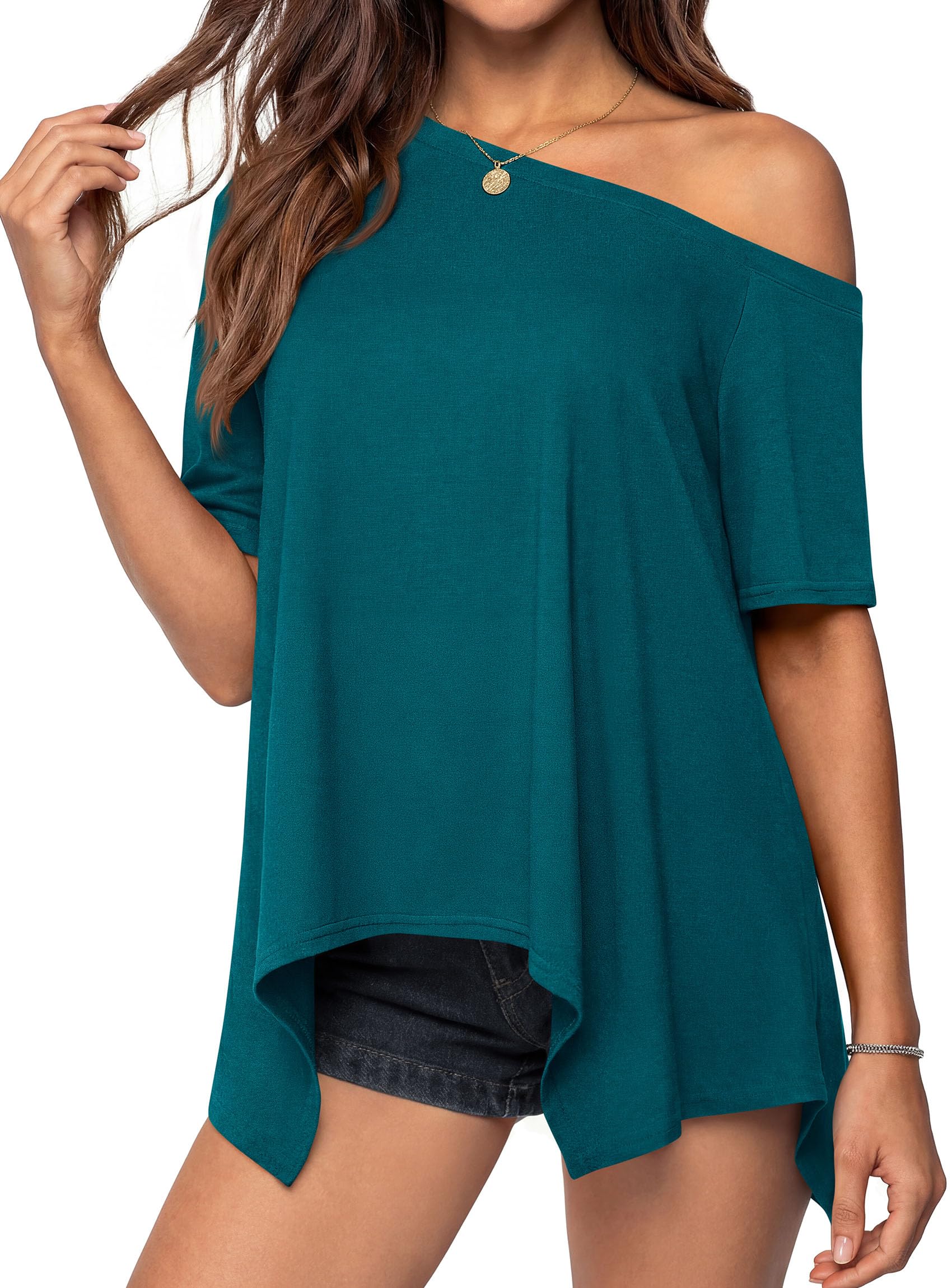 Off Shoulder Tops for Women Oversized Tshirts, Lake Blue,S