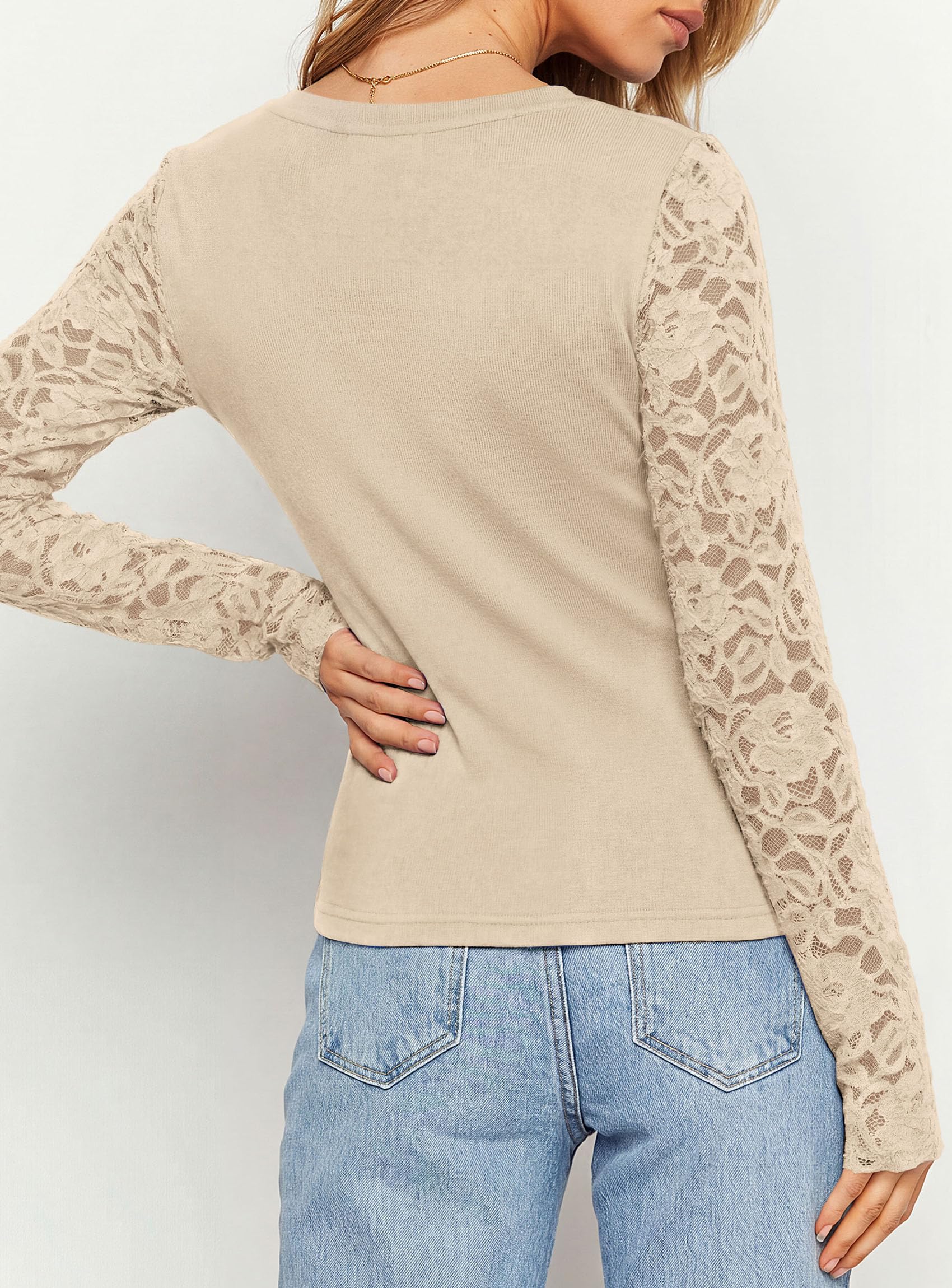 Sheer Lace Raglan Long Sleeve Shirts for Women,Beige,S