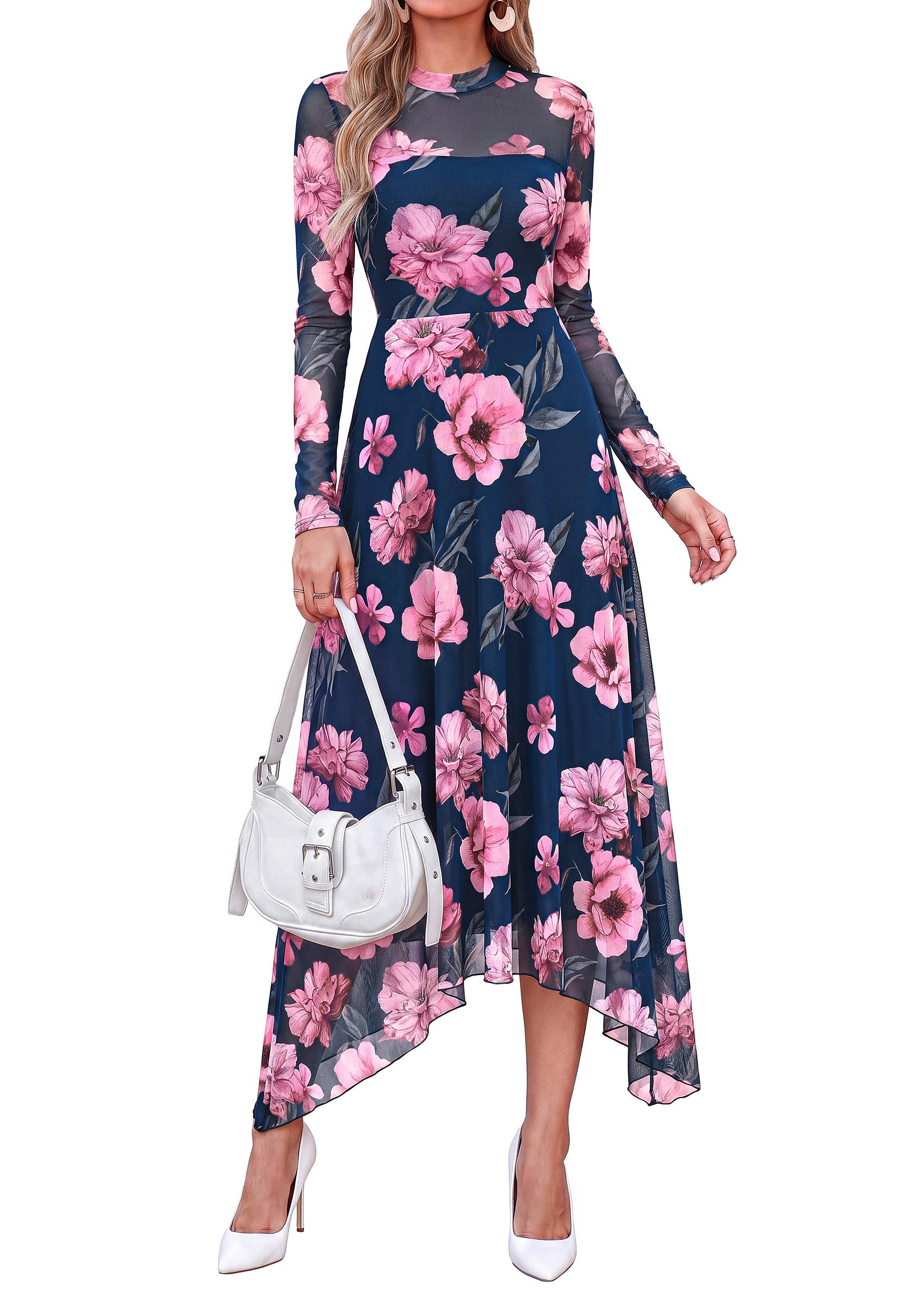 Women's Floral Mesh Midi Dress,Floral Blue Pink,S