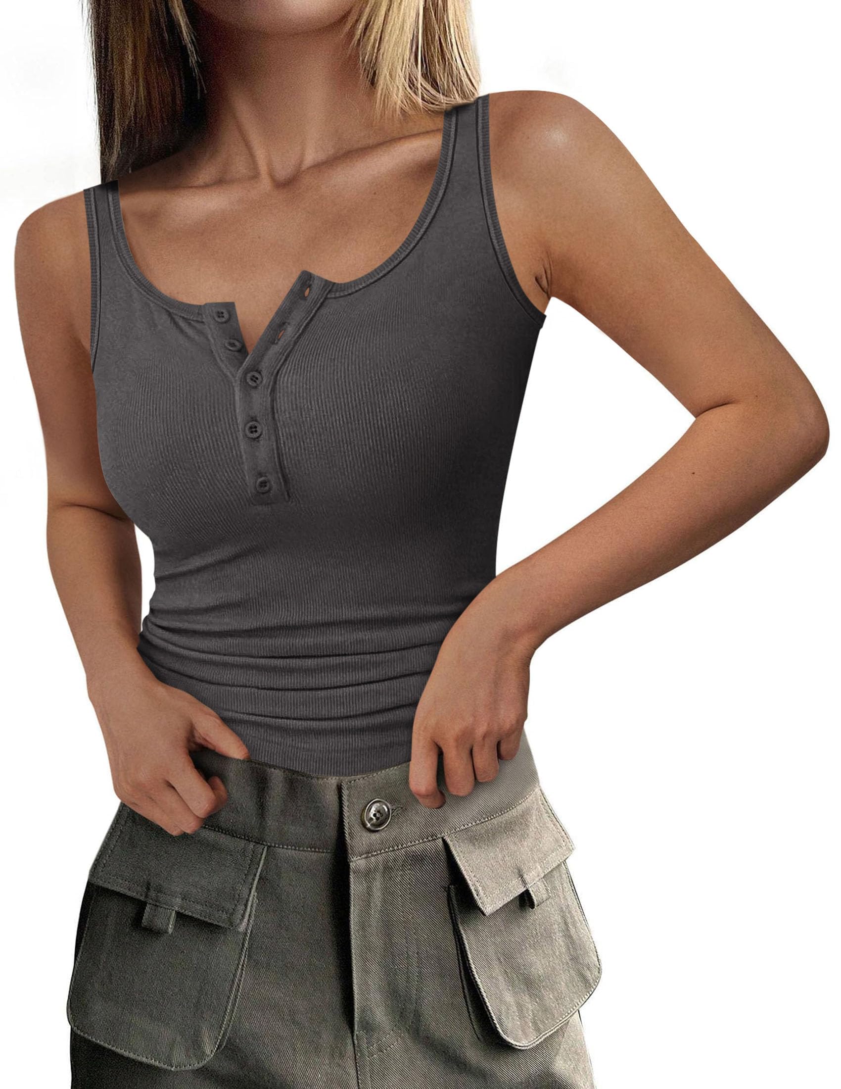 Womens Button Up Sleeveless Henley Tank Tops,Dark Grey,S