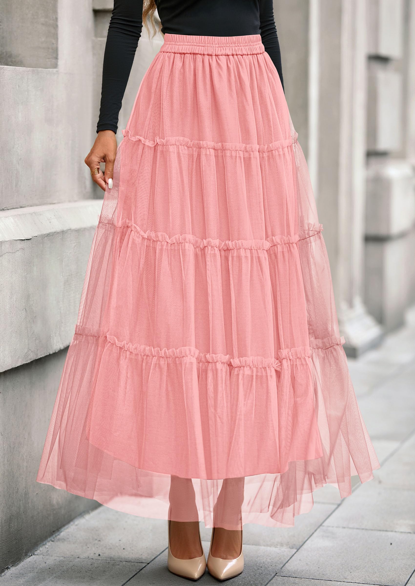Women's Fall Soft Tulle Tiered Long Skirt,Light Pink,S