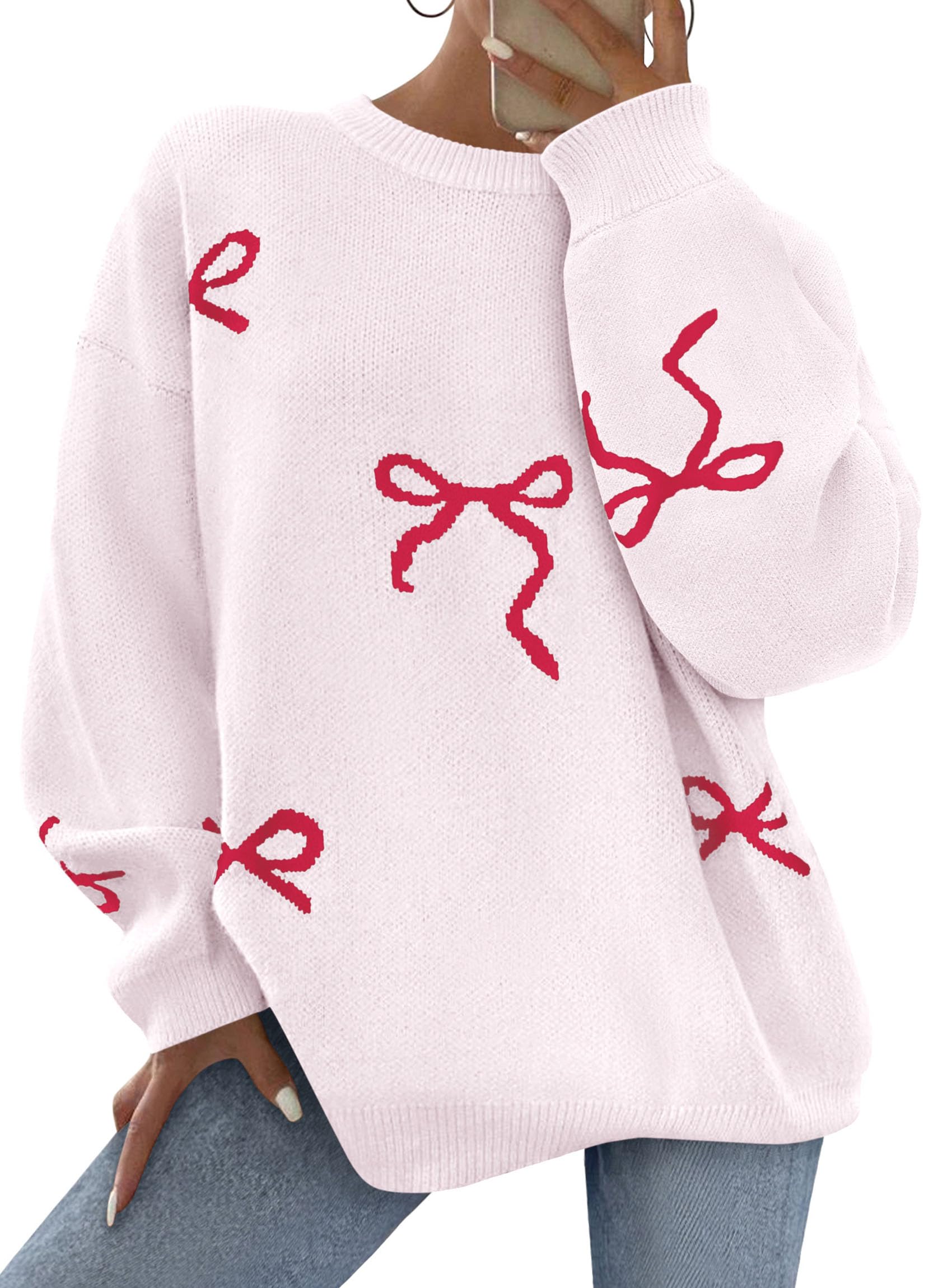Fall Long Sleeve Pullover Sweaters for Women 2026 Trendy Crewneck Casual Cute Bow Chunky Knit Oversized Sweater (White,Small)