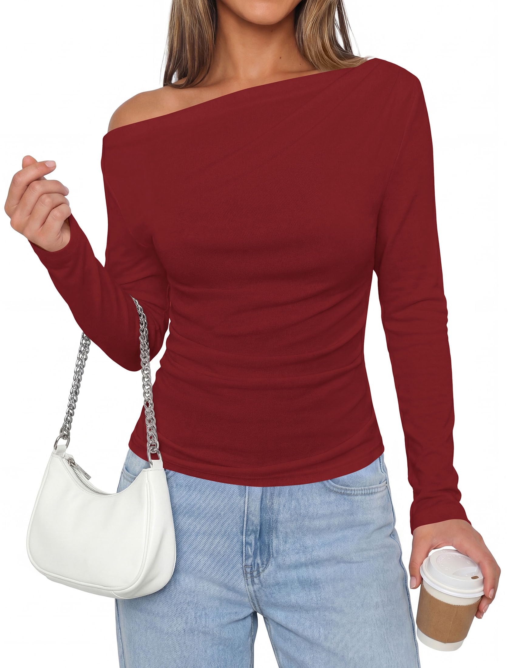 Womens Off The Shoulder Tops Long Sleeve Shirts,Wine Red,S