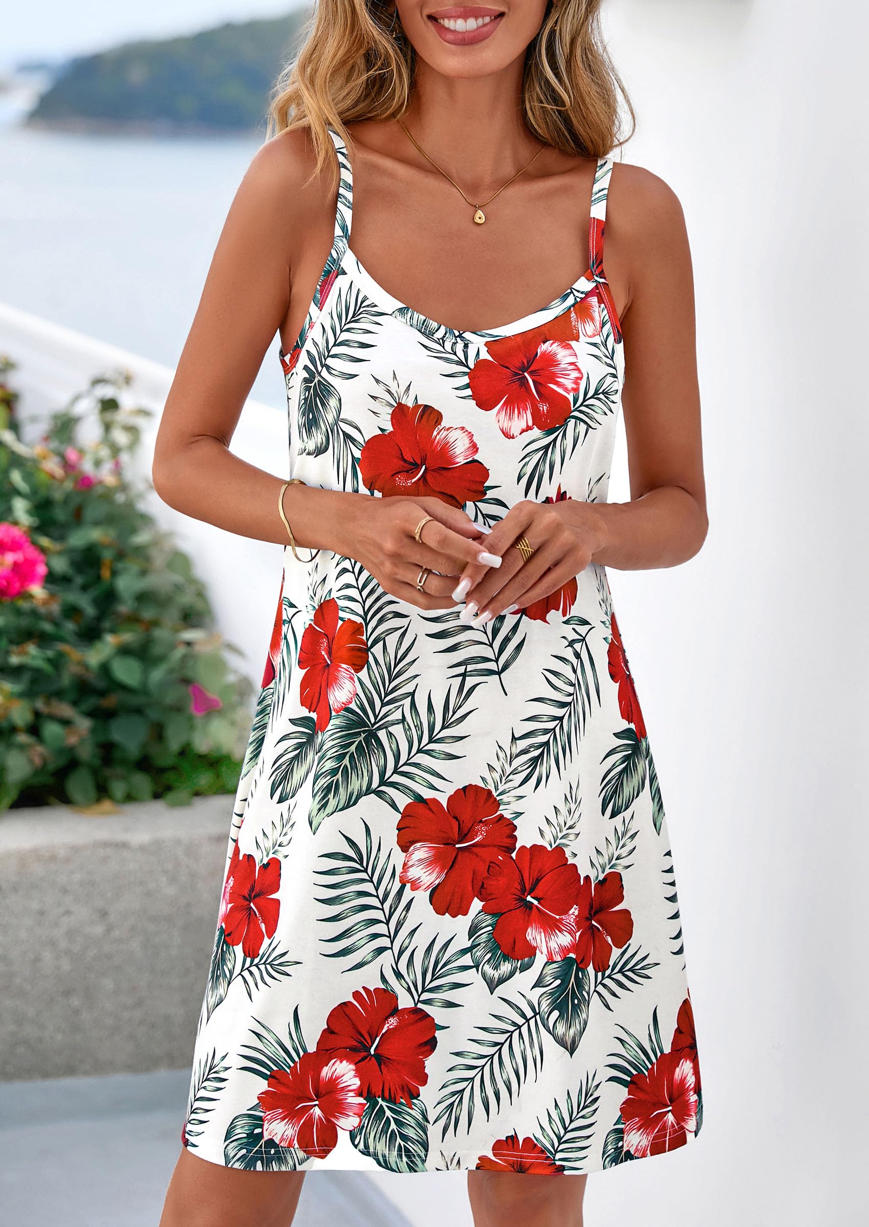 P Women's Summer Mini Dress Boho Beach Cover Ups,Red Floral,S