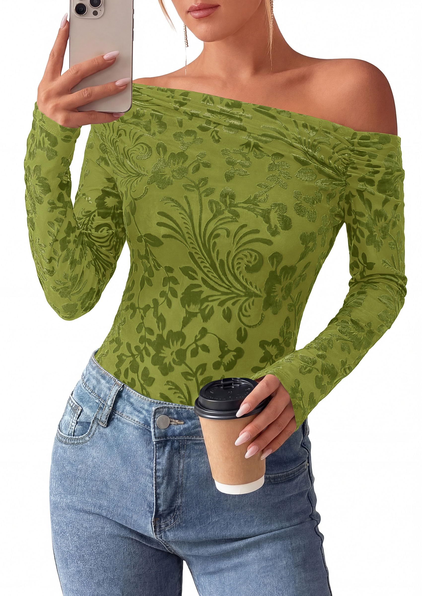 Off the Shoulder Tops for Women Fall Mesh Floral Blouses