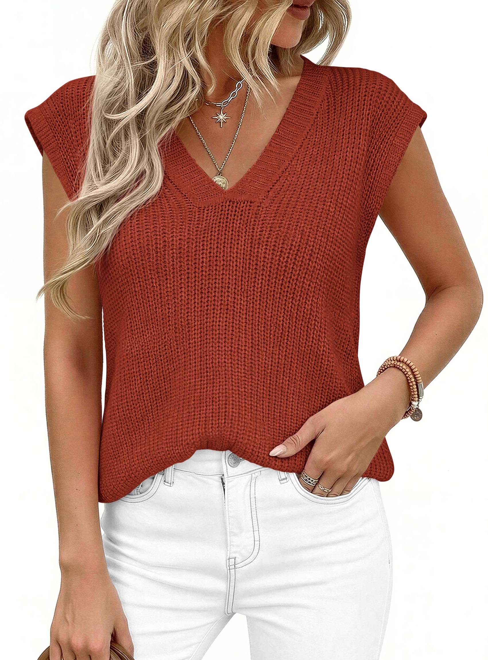 Women's Cap Sleeve Sweaters Vest Summer Tops (Rust Red,S)