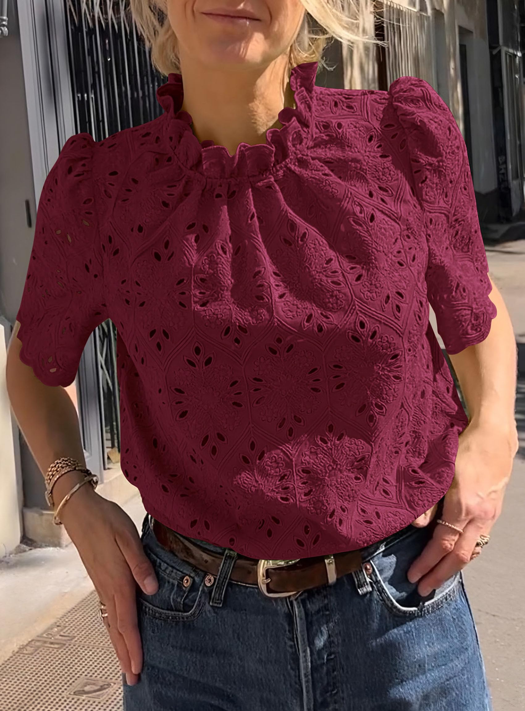 Women Summer Tops Eyelet Embroidered Shirts,Wine Red,XS