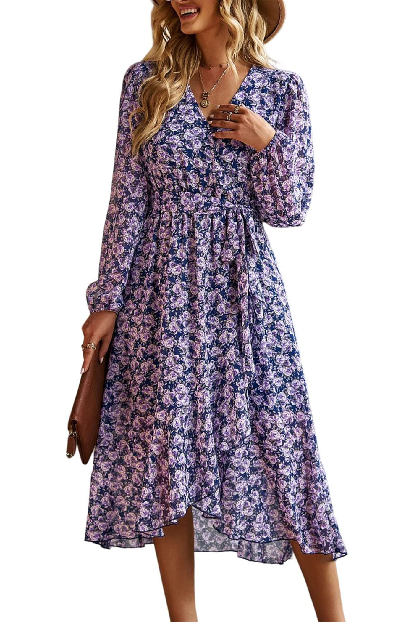 Women's Floral Boho Long Sleeve Maxi Dress, Floral Navy,S