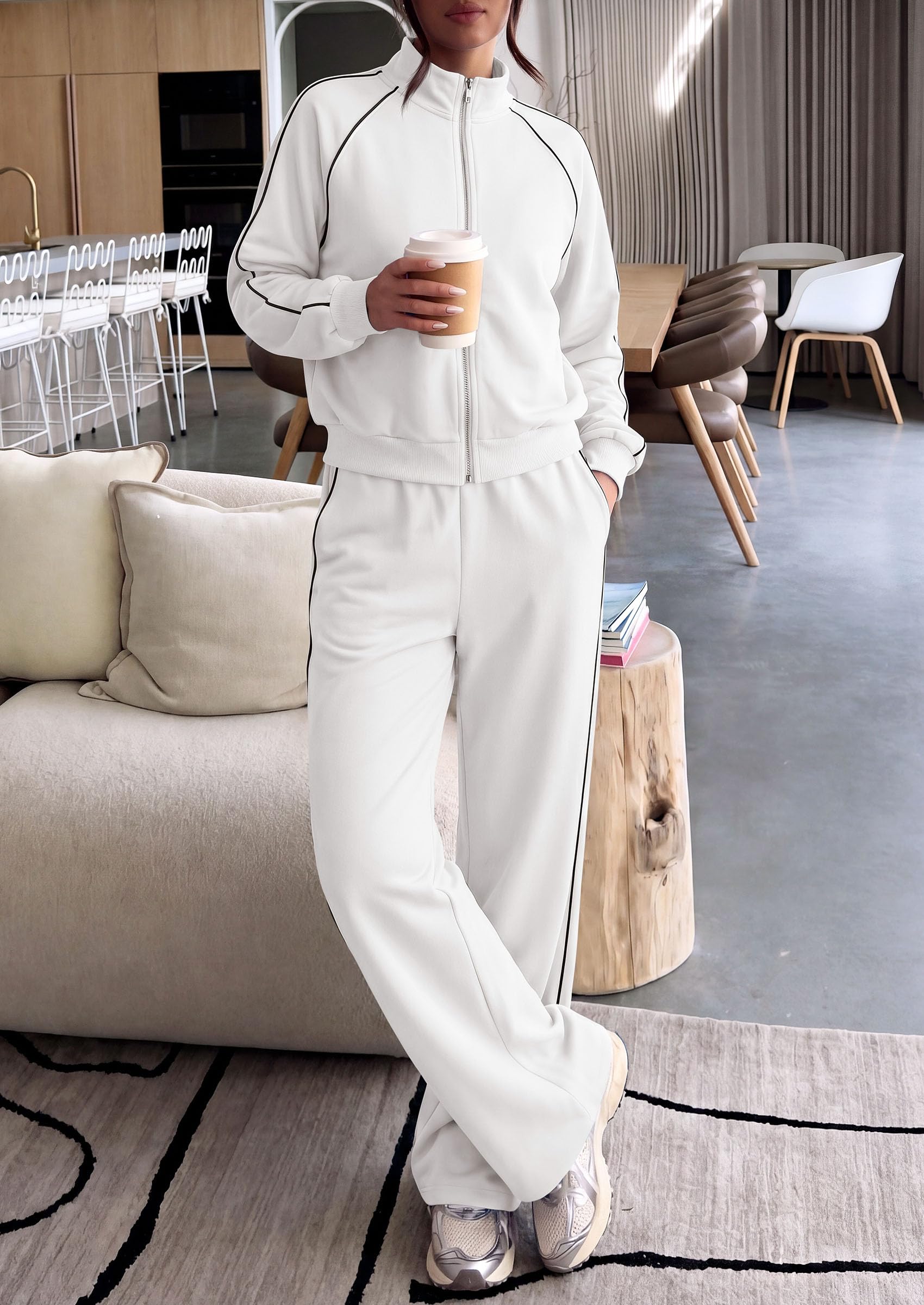 Women's 2 Piece Sweat Set Casual Fall Outfits,White,S