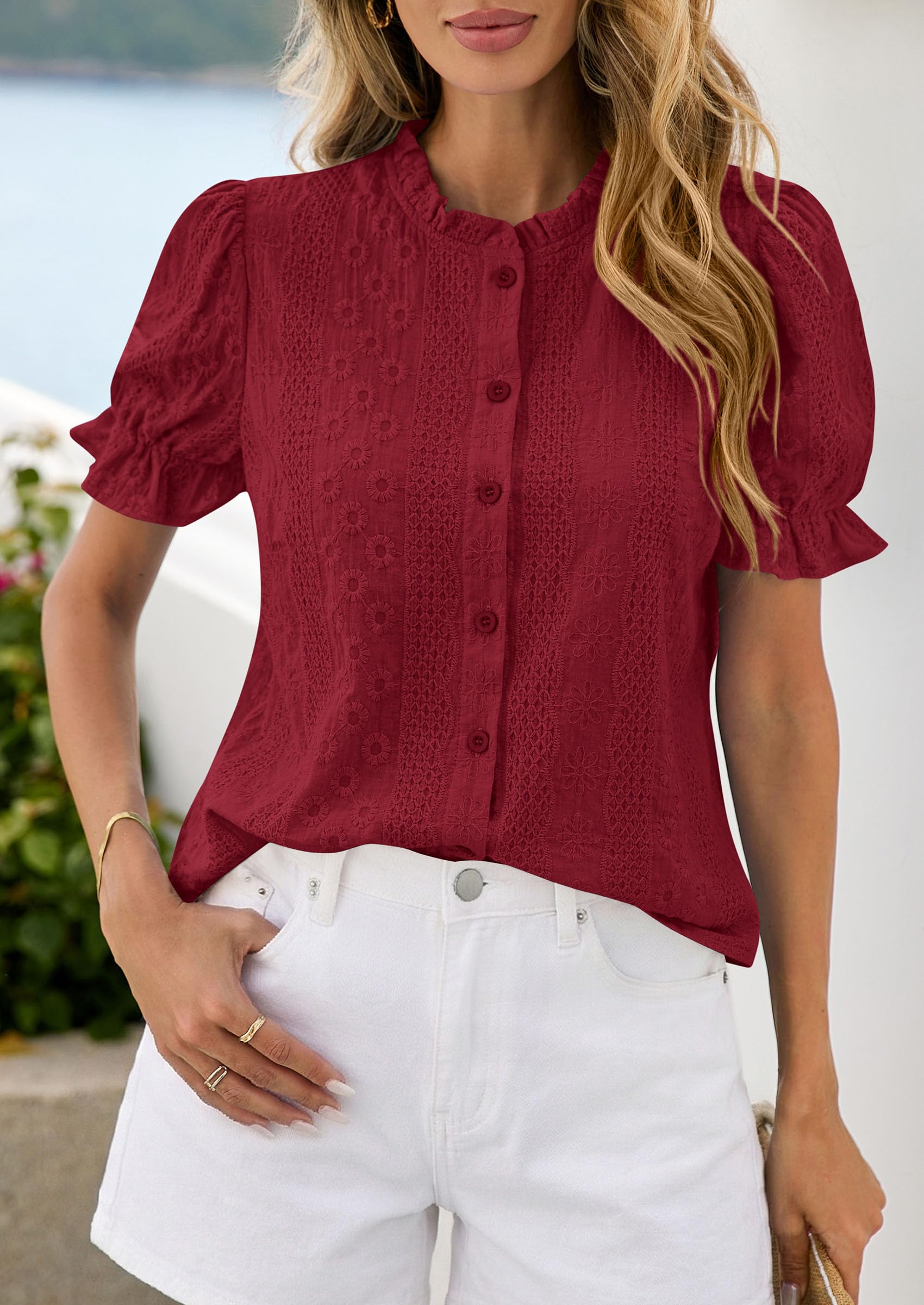 Womens Embroidered Puff Short Sleeve Tops,Wine Red,S
