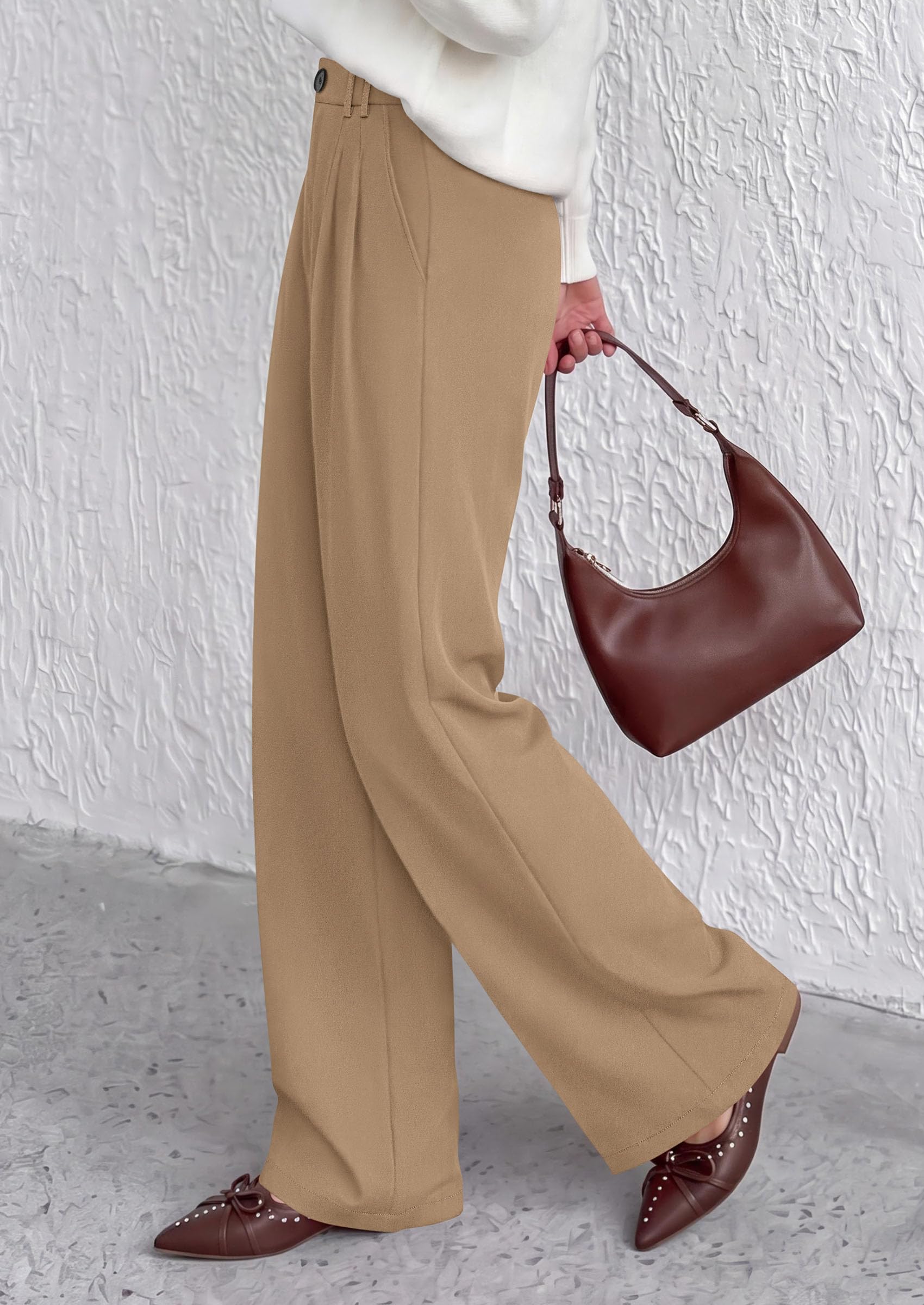 Women's Dress Pants Wide Leg Flowy Trousers,Light Khaki,S