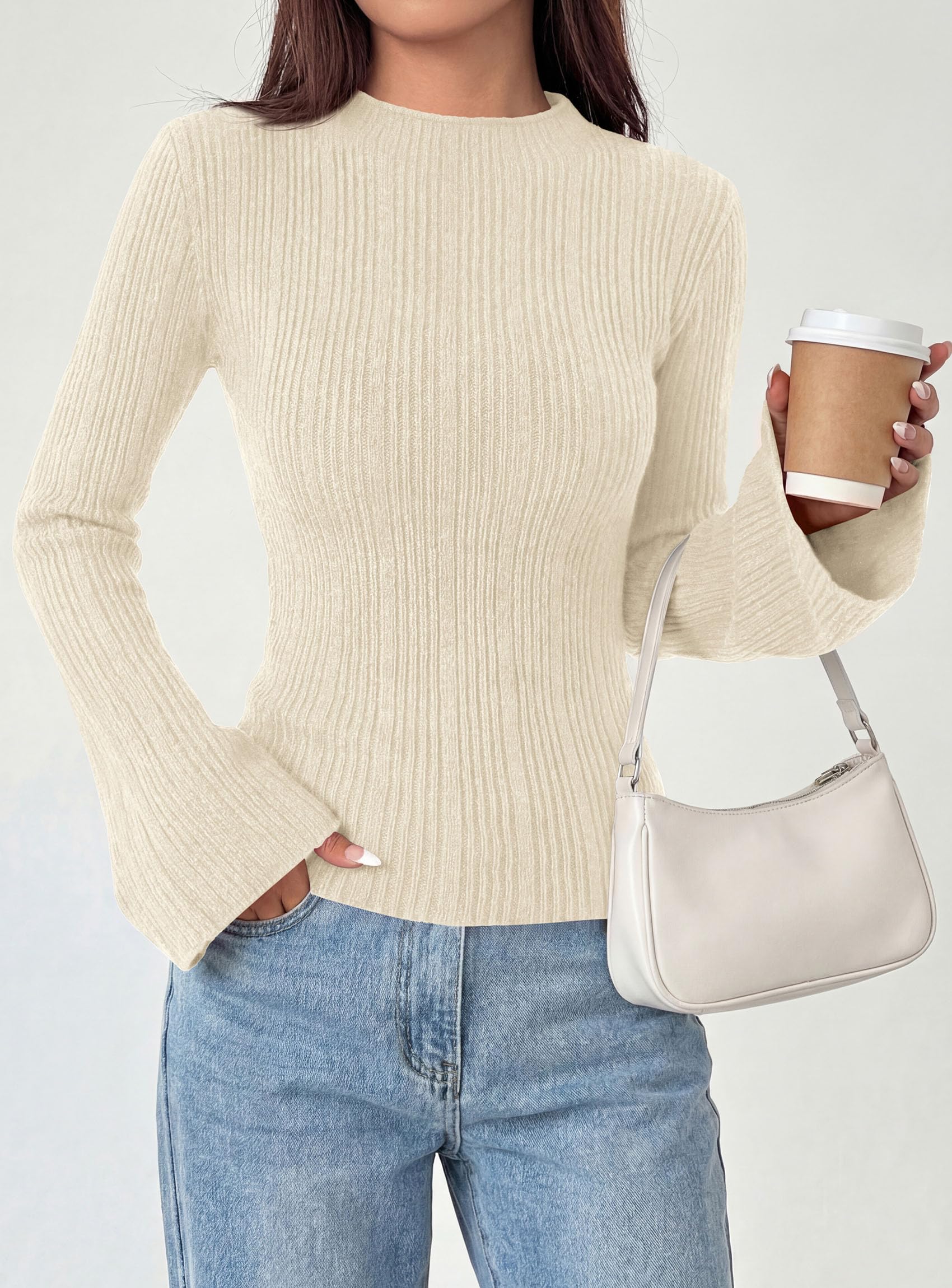 Womens Bell Long Sleeve Tops Mock Neck Sweaters,Beige,S
