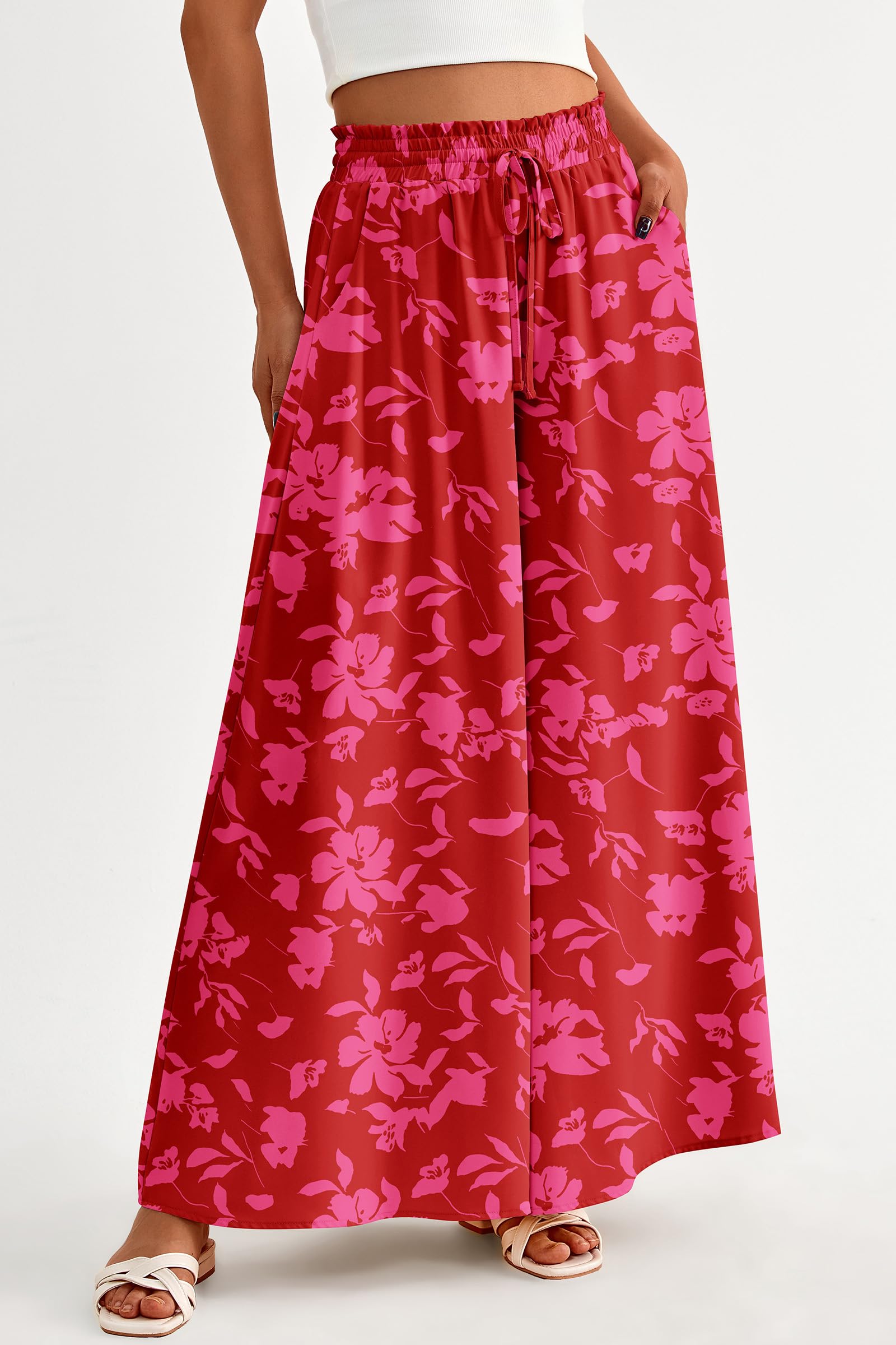 Summer Wide Leg Palazzo Pants for Women Casual,Print Red,S