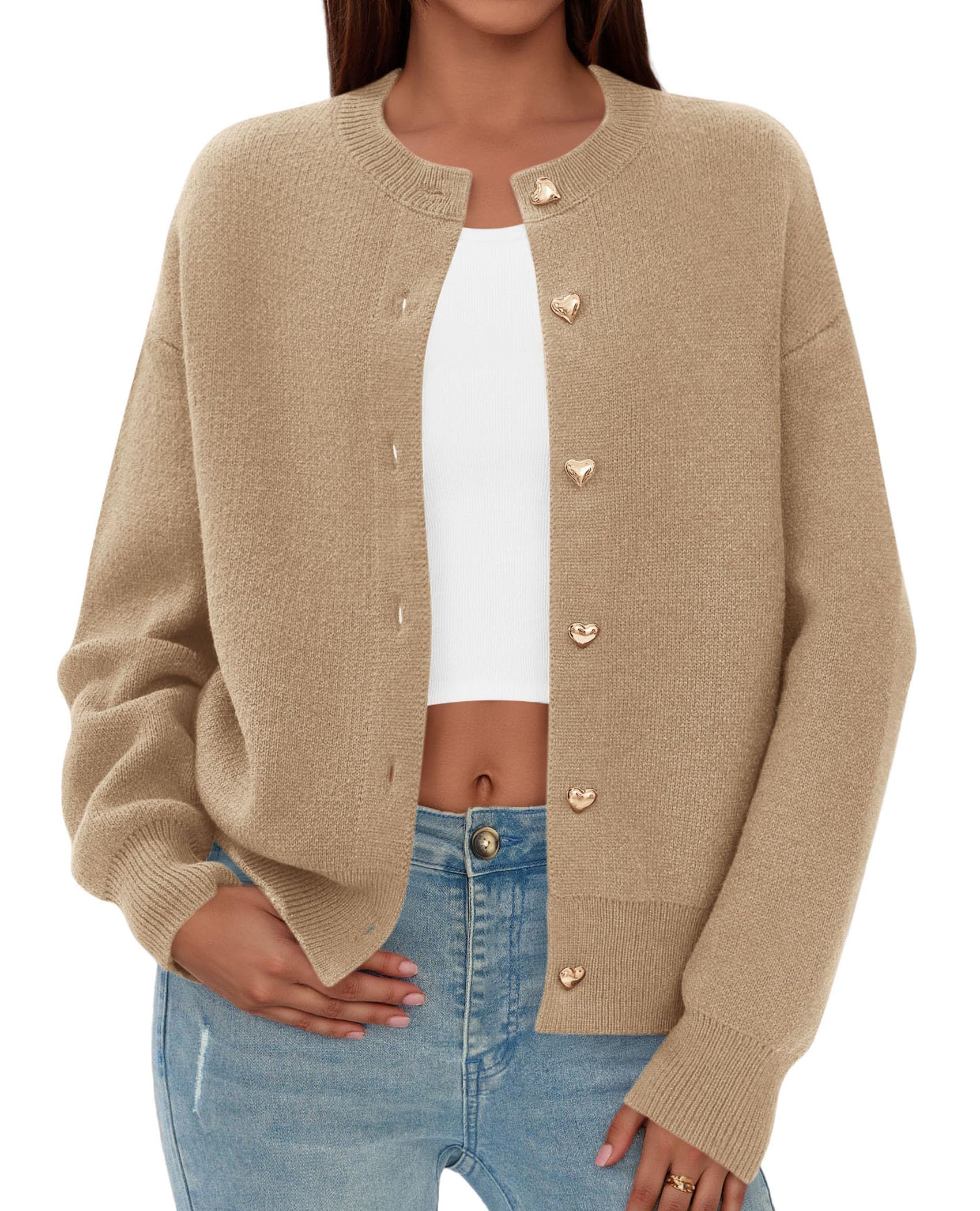 Women's Long Sleeve Button Up Cardigan,Khaki,S
