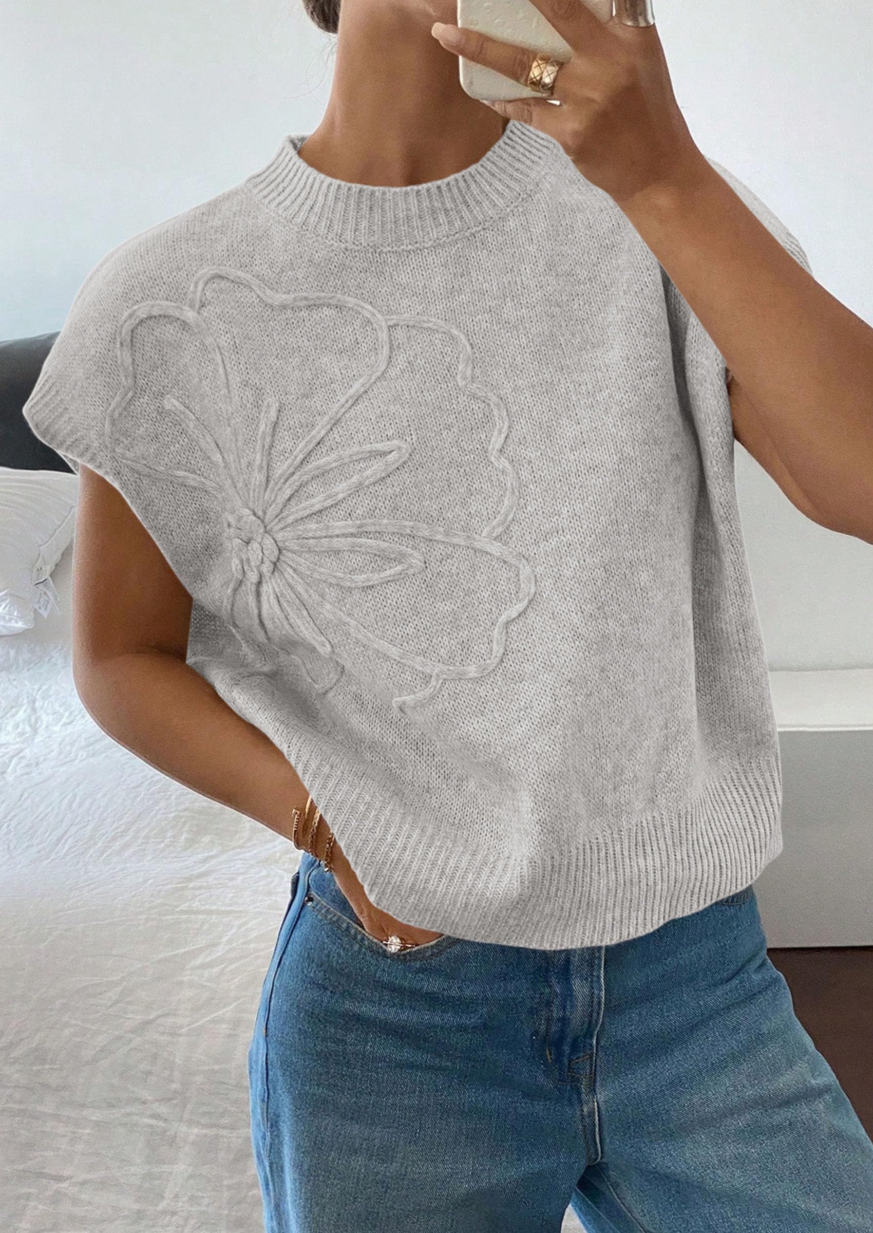 Women's Summer Short Cap Sleeve Sweater Vest (Light Grey,S)