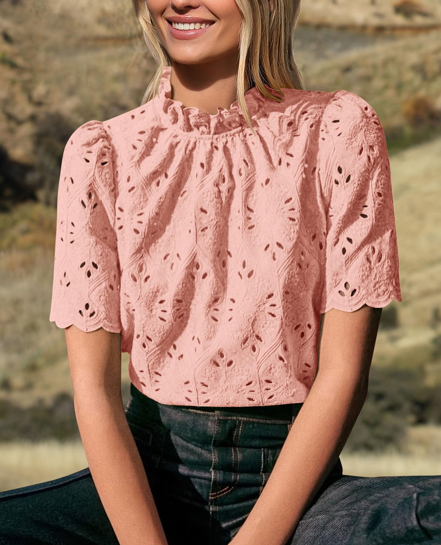 Women Summer Tops Eyelet Embroidered Shirts,Pink,XS