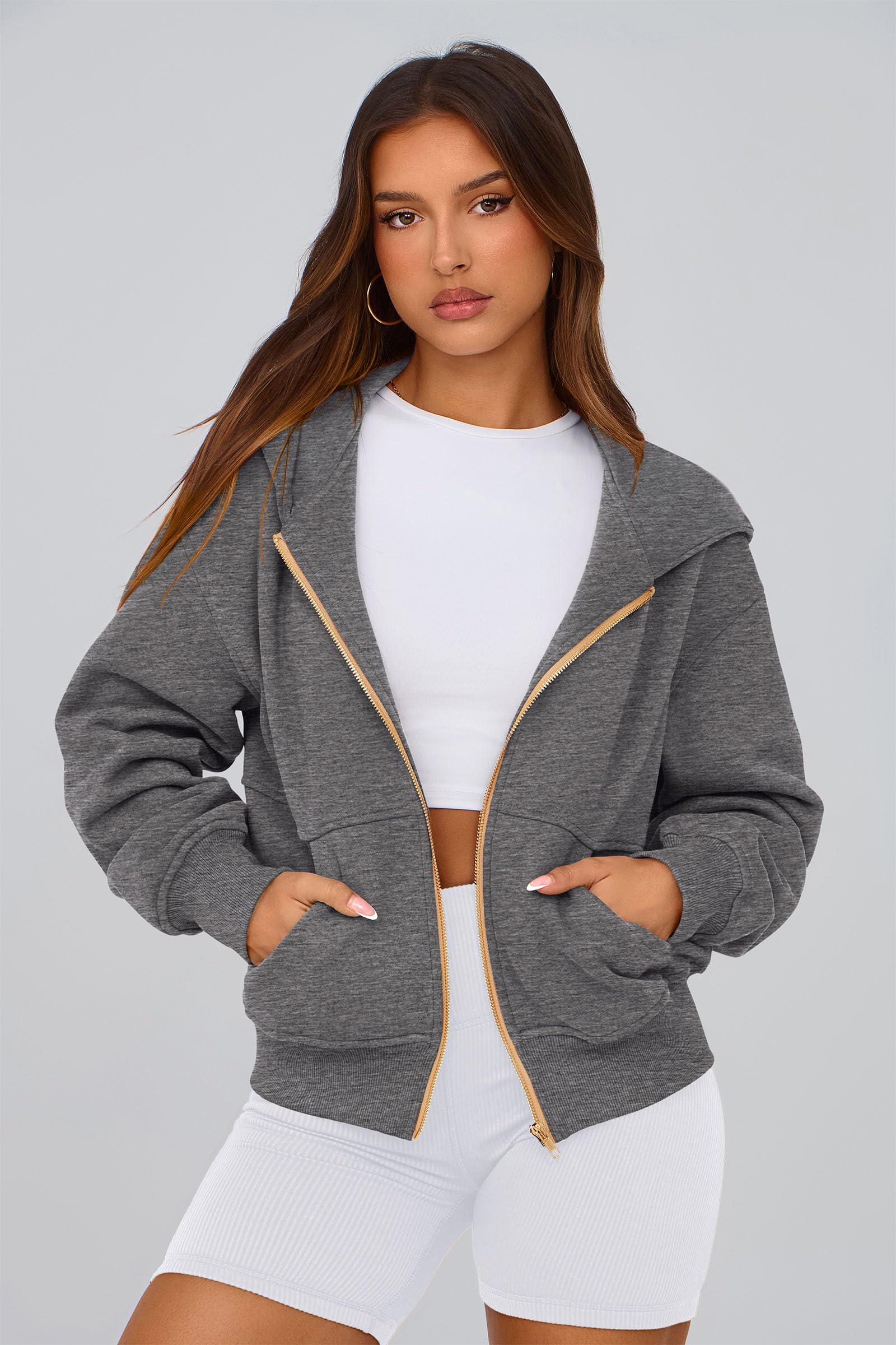 Hoodies for Women Fall Fashion Zip Up Fleece Plain Sweatshirt