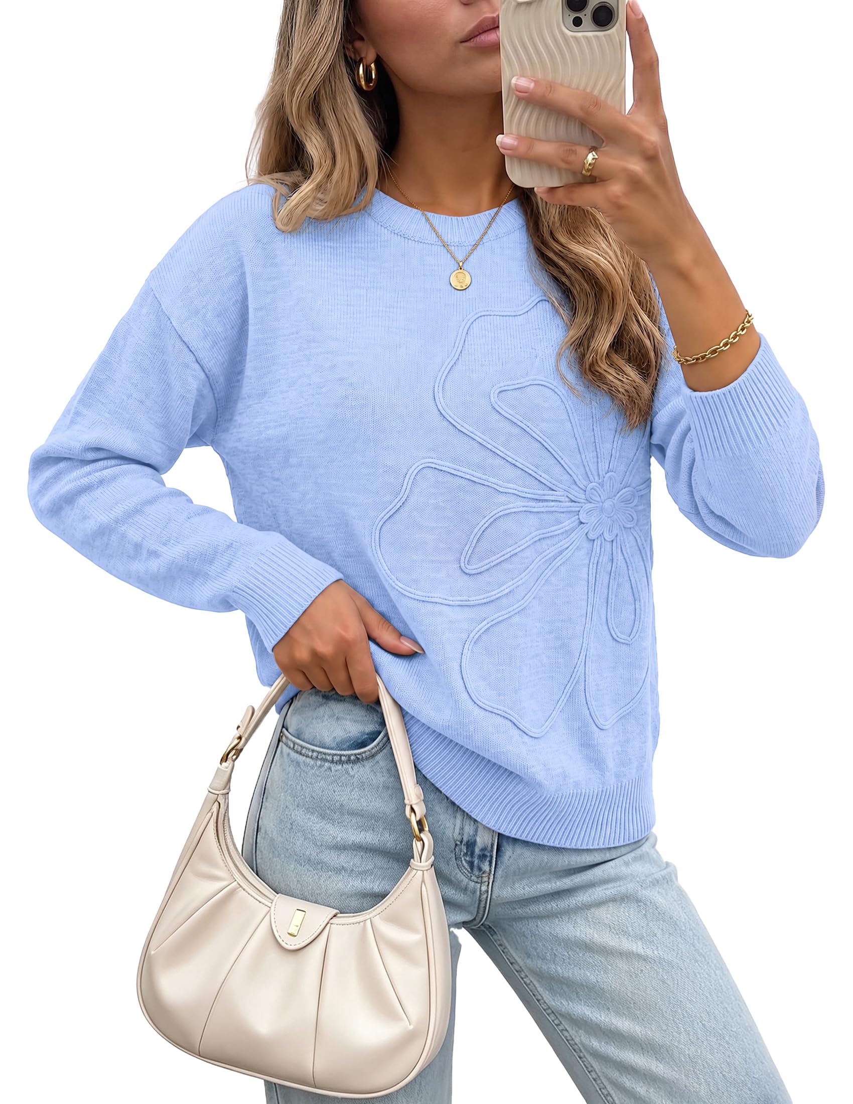 Sweaters for Women Fall Fashion Embroidered Floral Knit Tops