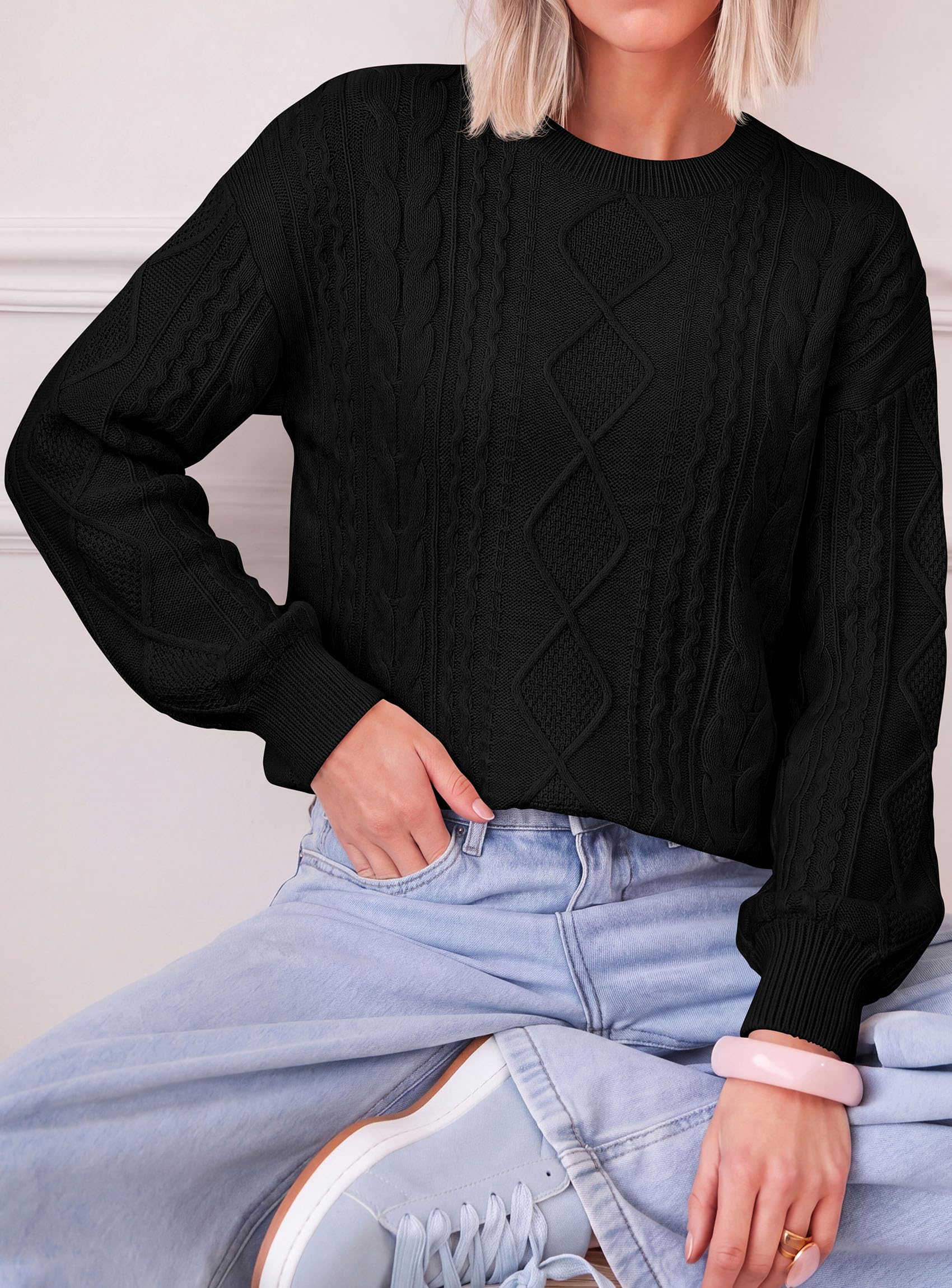 Women's Crewneck Cable Knit Sweater Pullover Tops Black