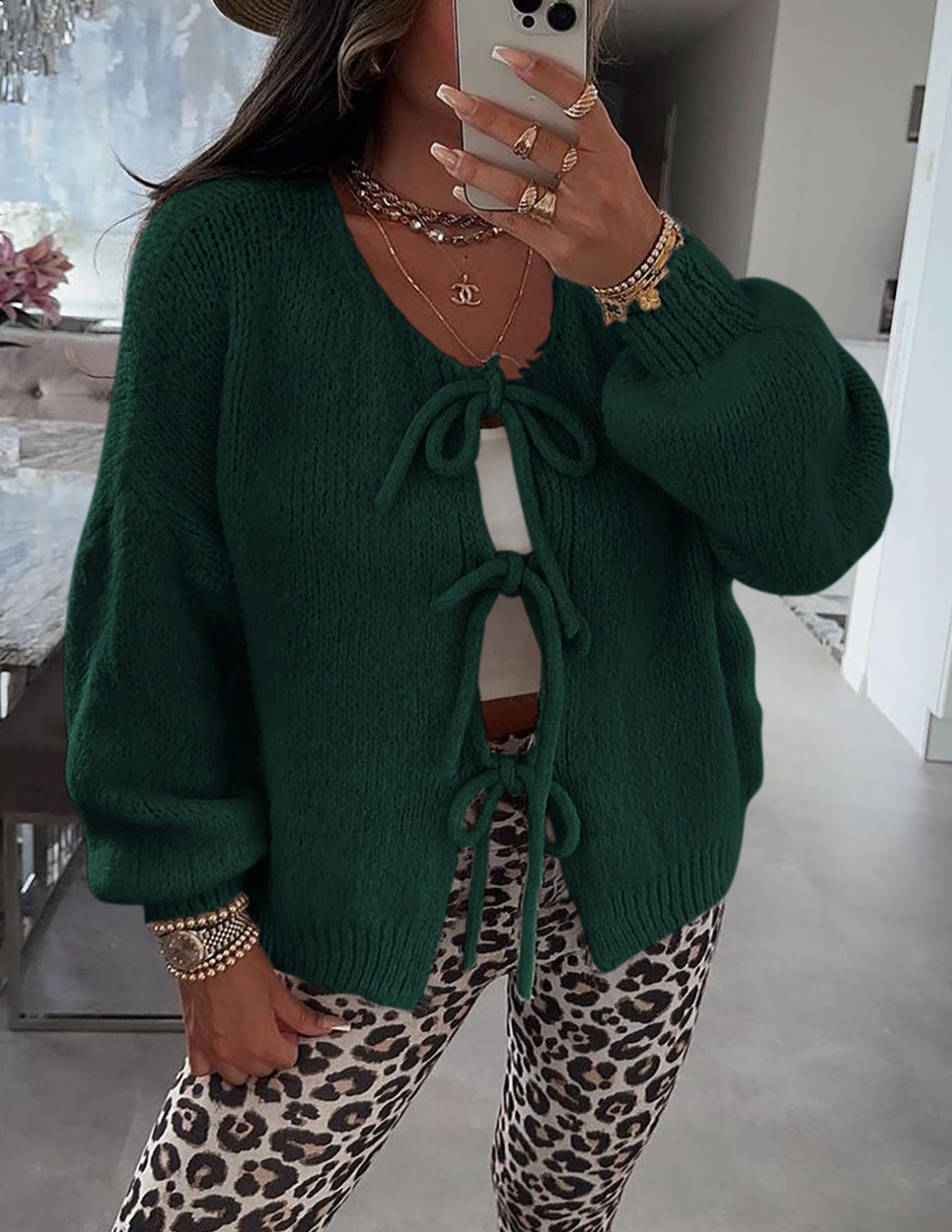 Women's Tie Front Bow Cardigan Sweaters(Dark Green,Small)