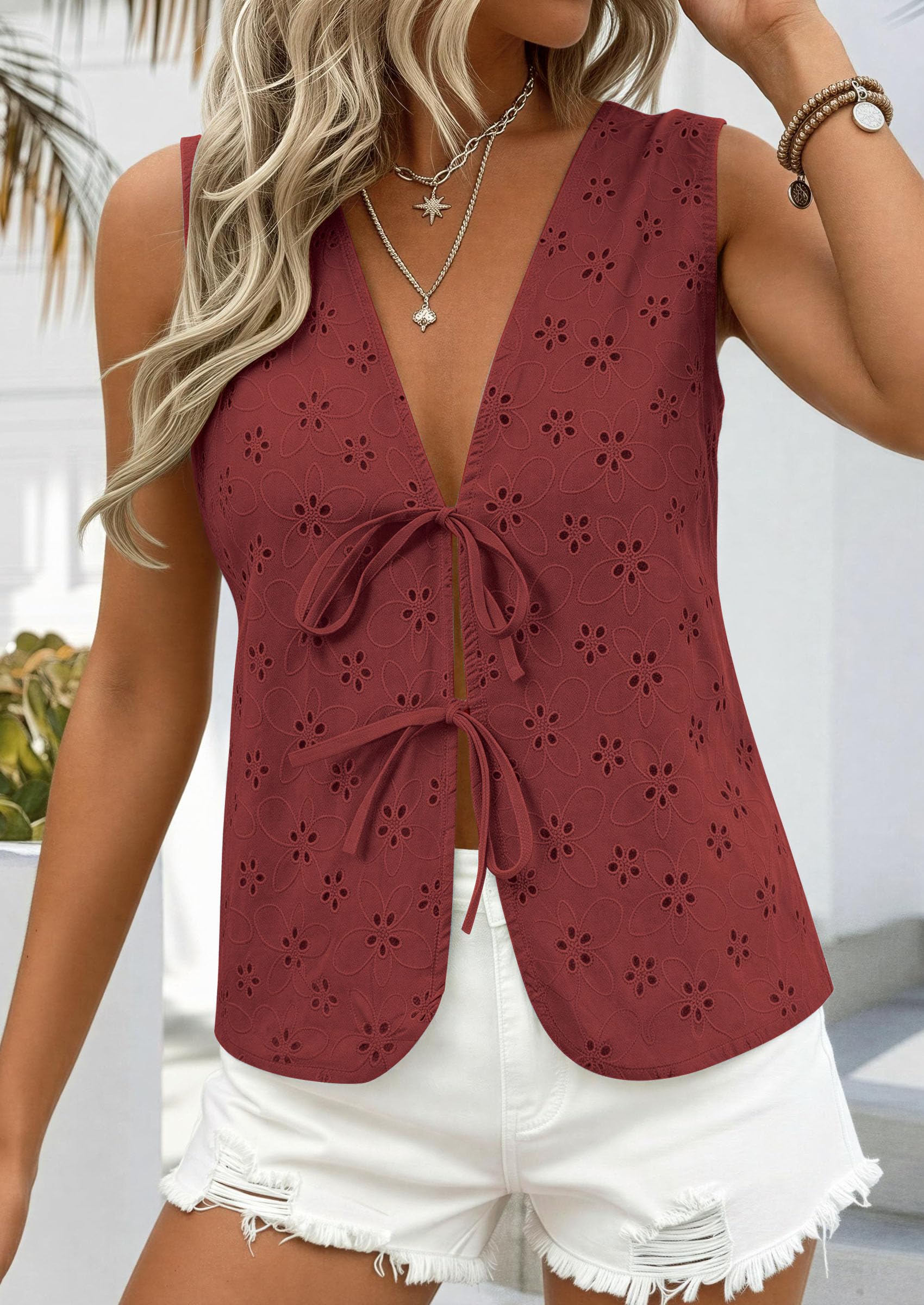 Women's Summer Eyelet Lace Tie Front Vest Tops (Brown Red,S)