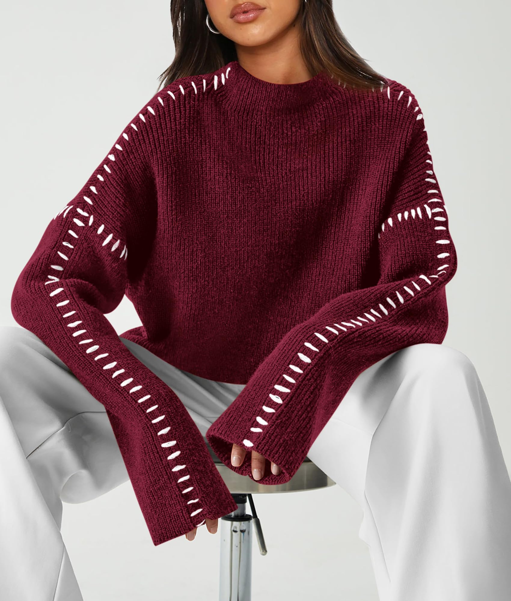 Womens Chunky Knit Oversized Pullover Sweaters,Wine Red,S