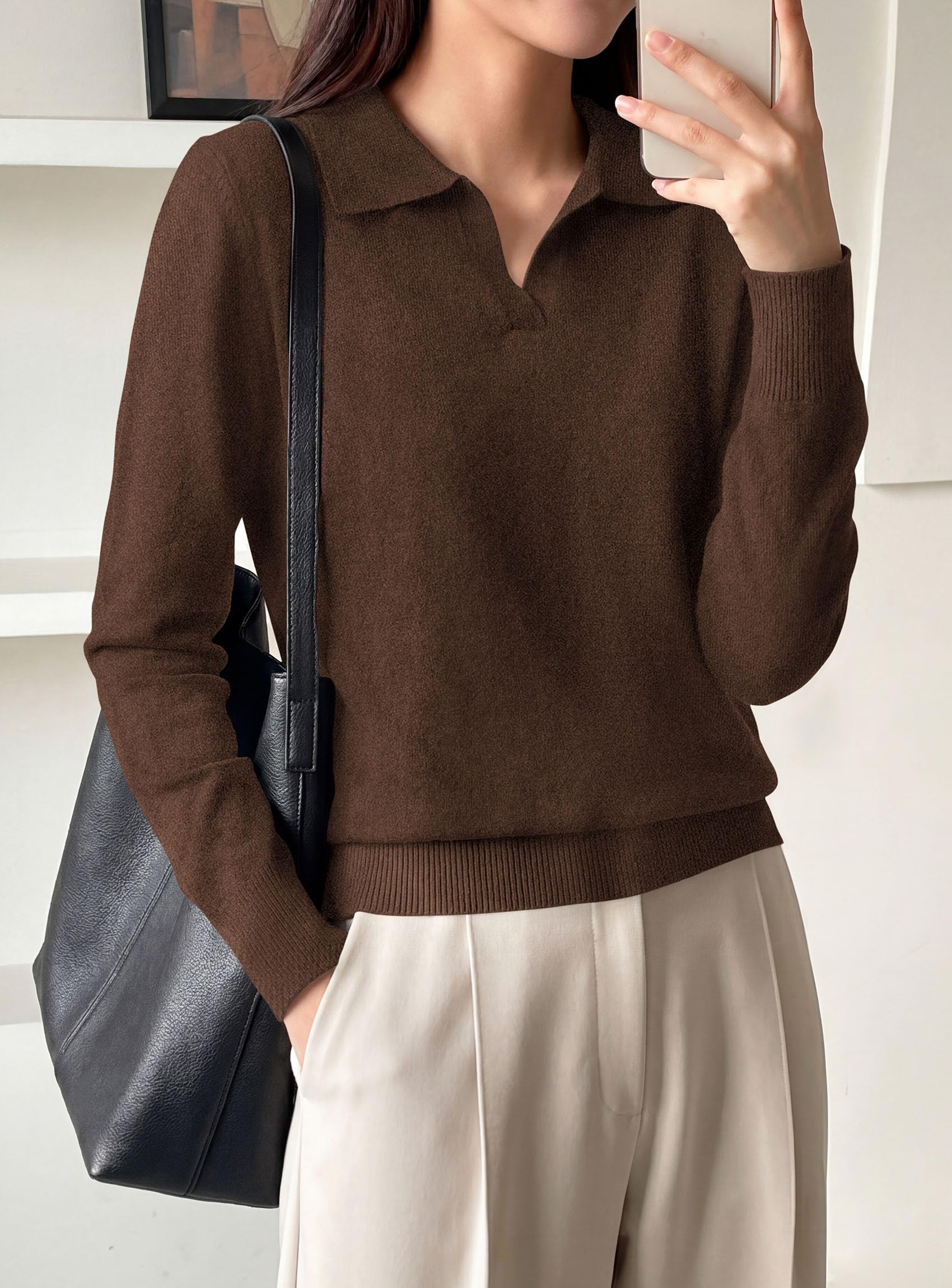 Womens Long Sleeve Collared Polo Sweater,Brown,S
