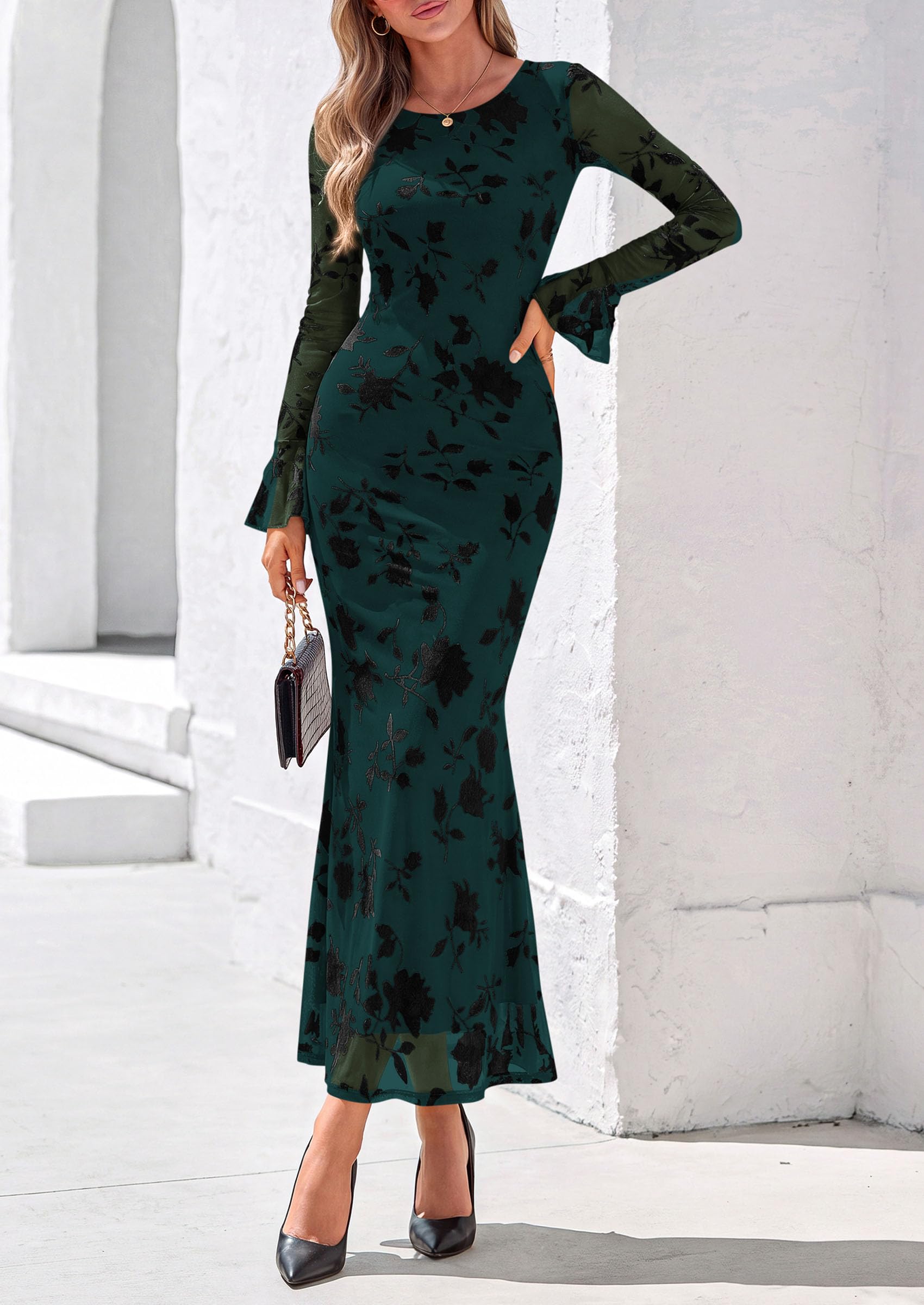 Women's Long Sleeve Maxi Floral Mesh Fall Wedding Guest Dress