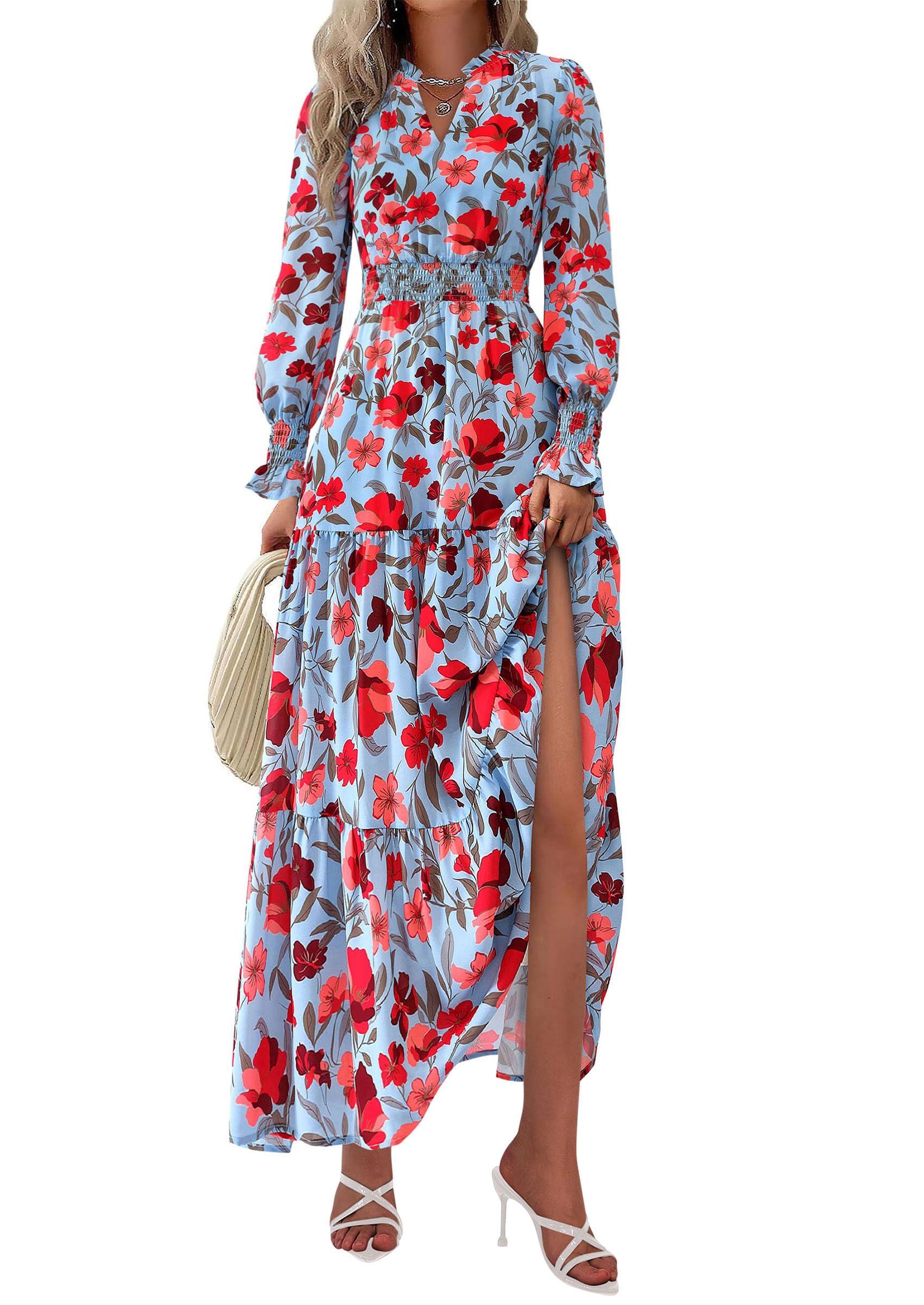 Women's Floral Maxi Dress Fall A Line Wedding Guest Dresses