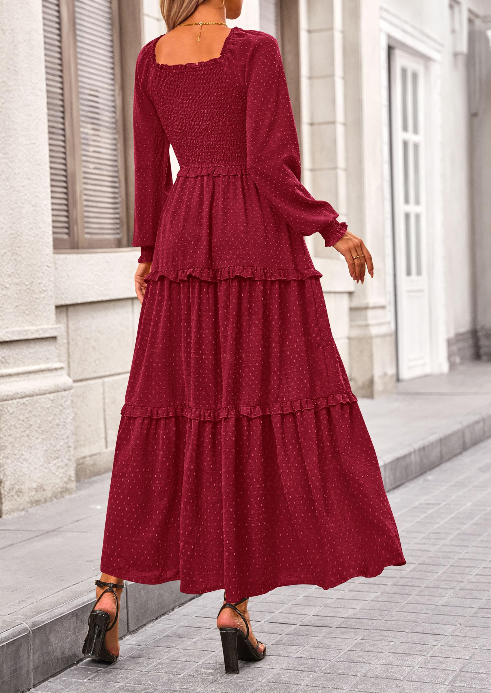 Women's Smocked Long Sleeve Maxi Dress Wedding Guest Dresses