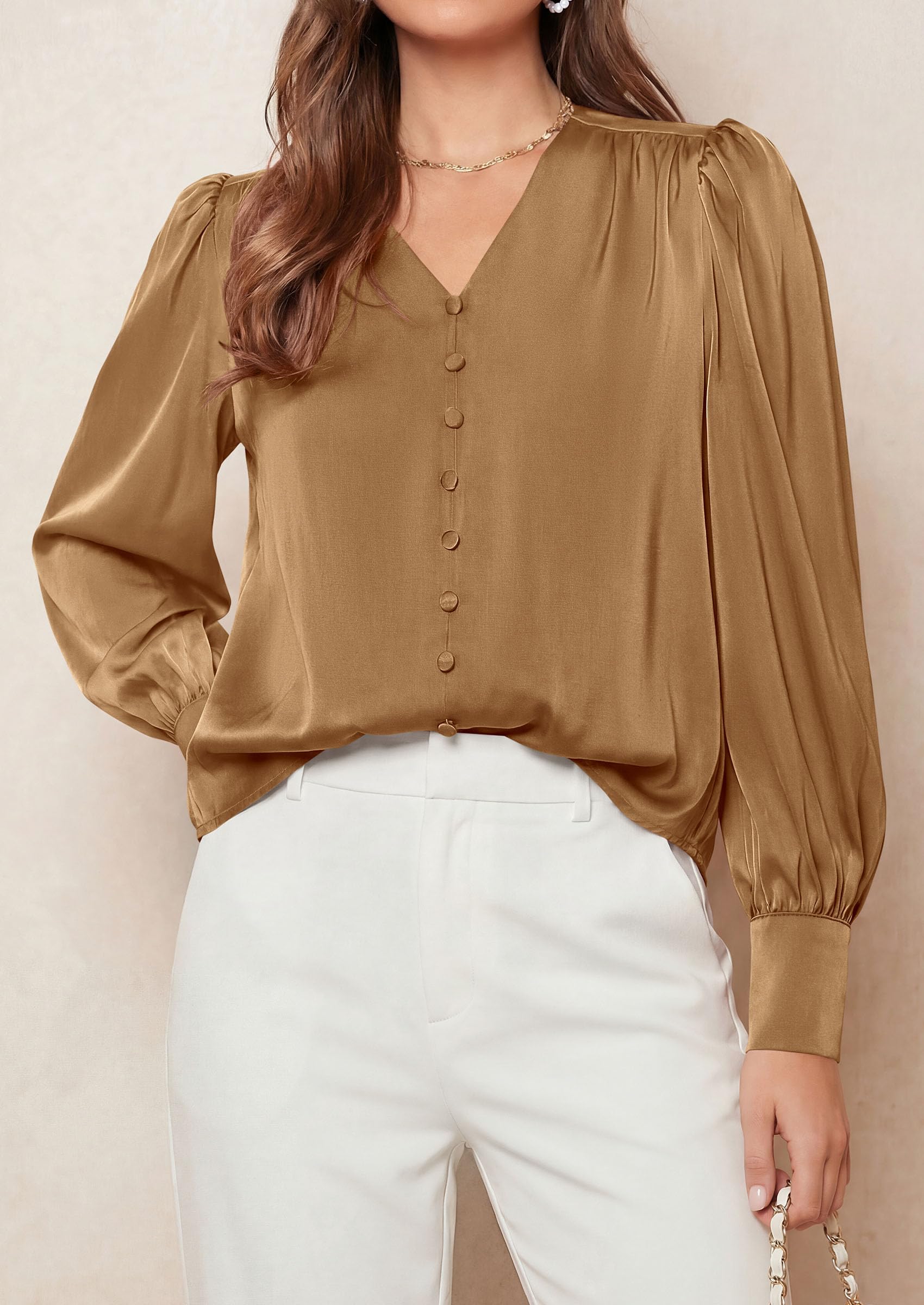 Womens Long Sleeve Satin Blouses Silk Business Casual Outfits