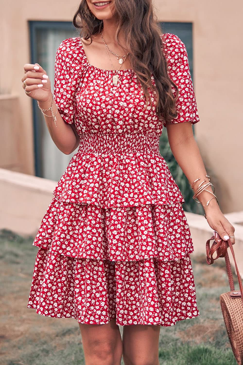 Women's Summer Floral Ruffle Short Dress Red,S