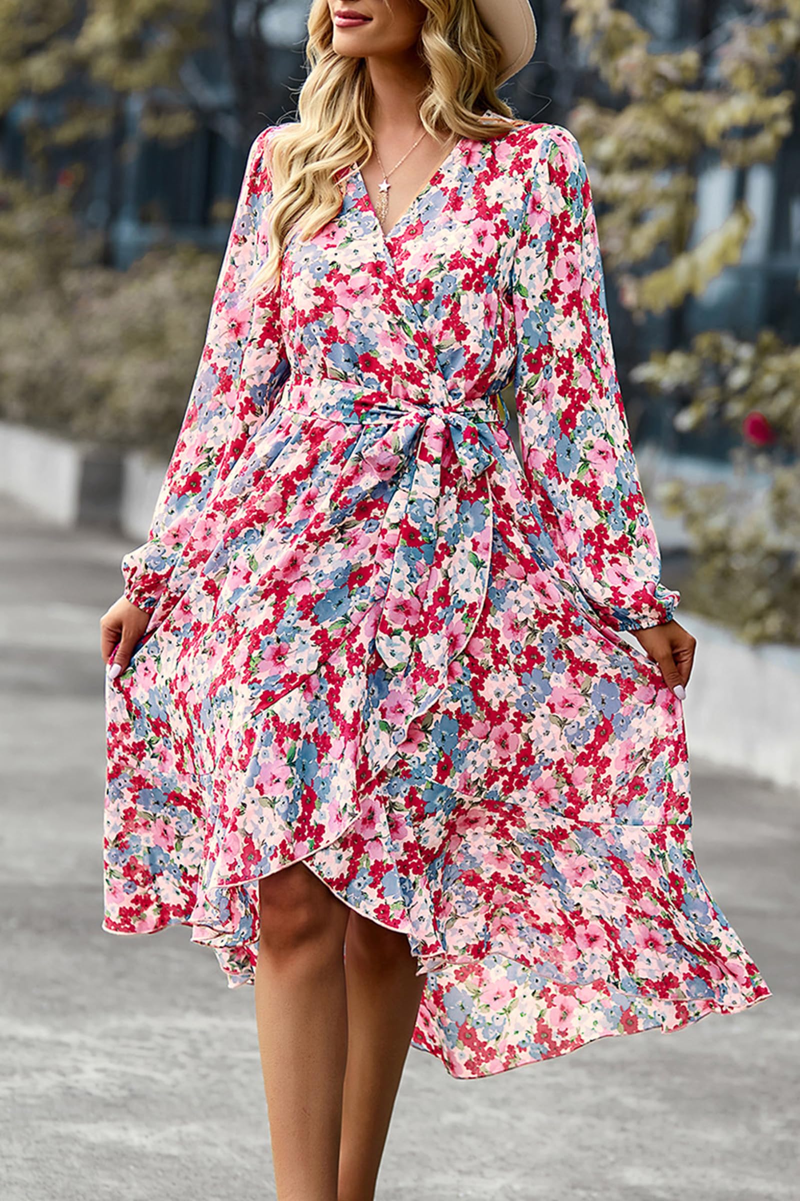 Women's Floral Boho Long Sleeve Maxi Dress, Floral Pink,S