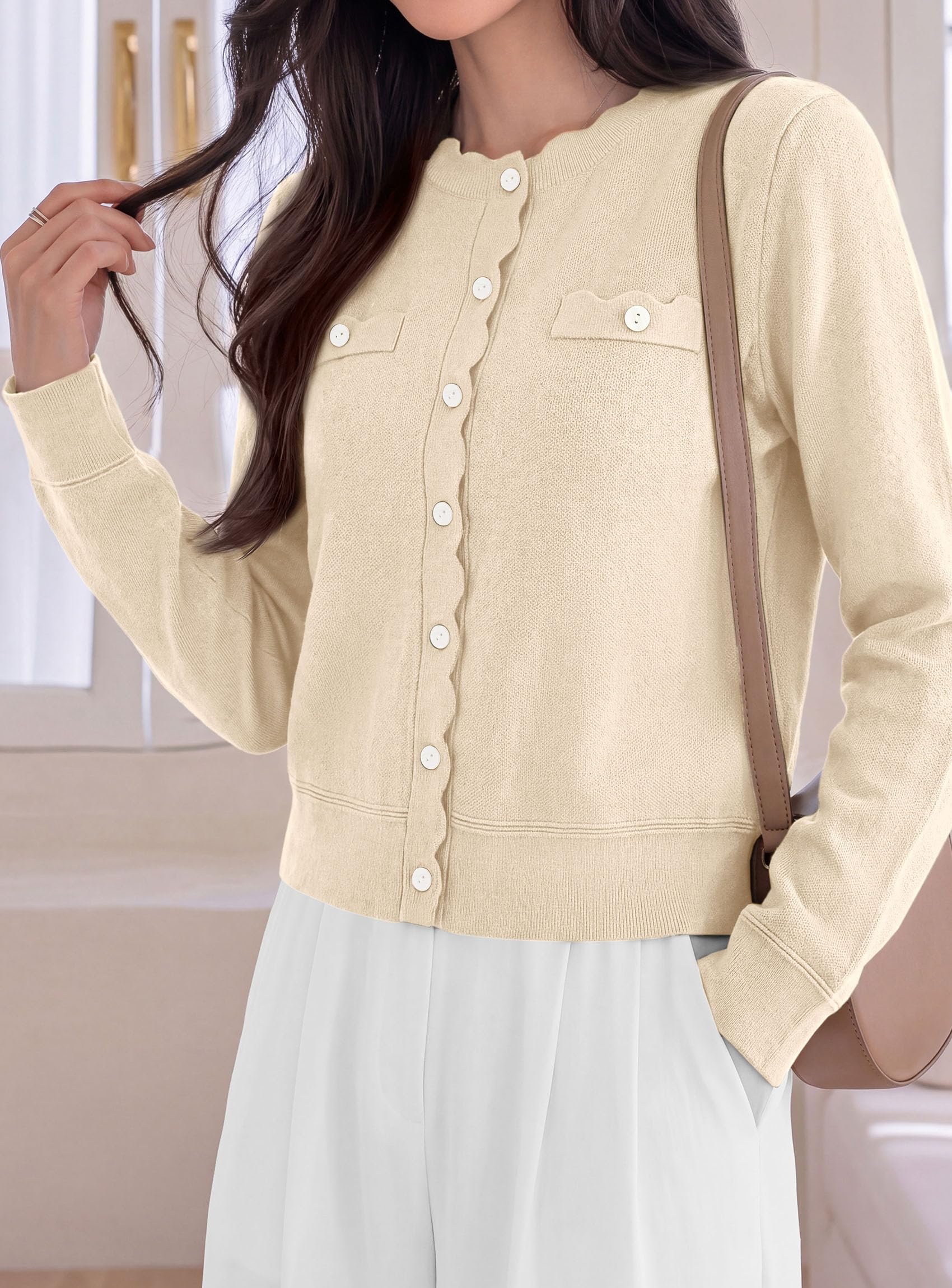 Womens Lightweight Cardigan Sweaters Scalloped Trim Fall Tops