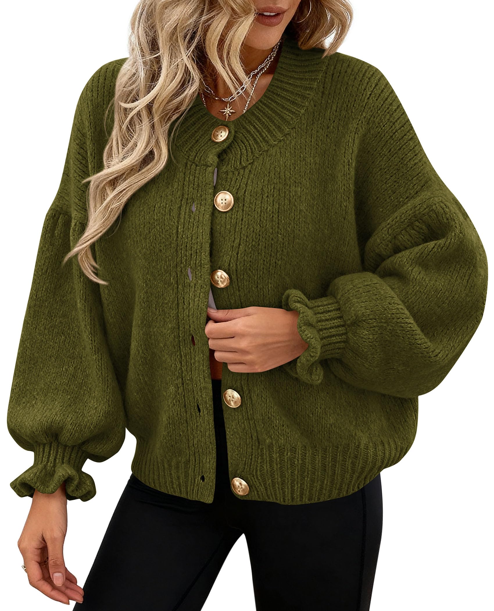 Womens Long Sleeve Chunky Knit Cardigan Sweaters Army Green