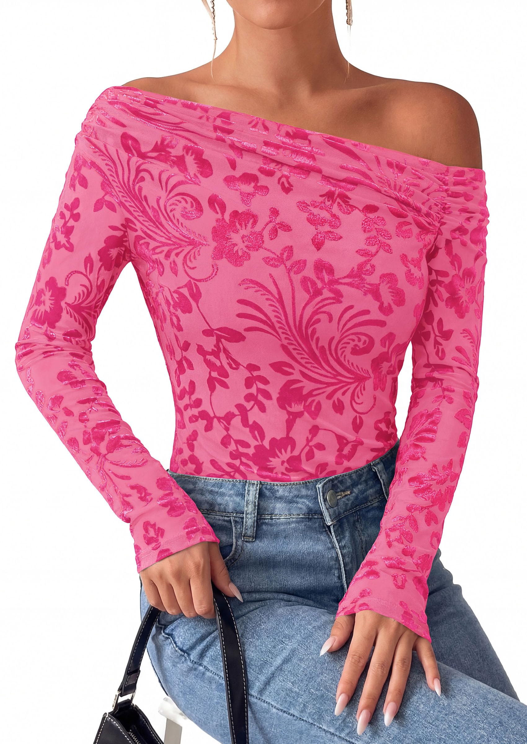 Off the Shoulder Tops for Women Fall Mesh Floral Blouses