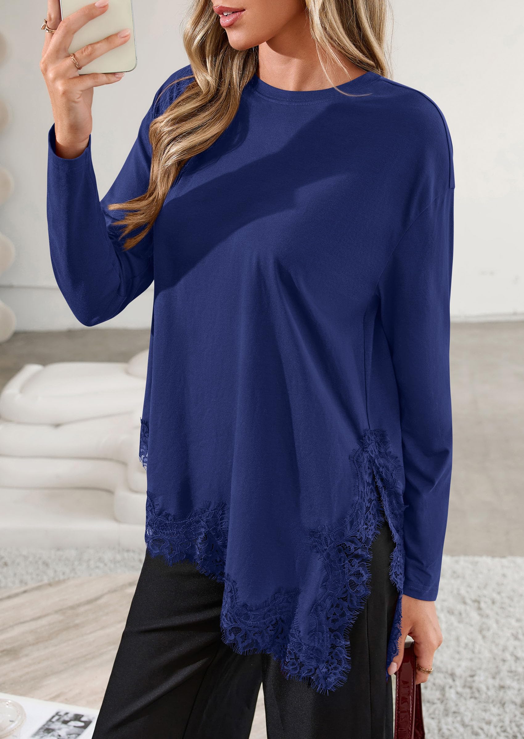 Women's Long Sleeve Asymmetrical Lace Tops Oversized Tshirts