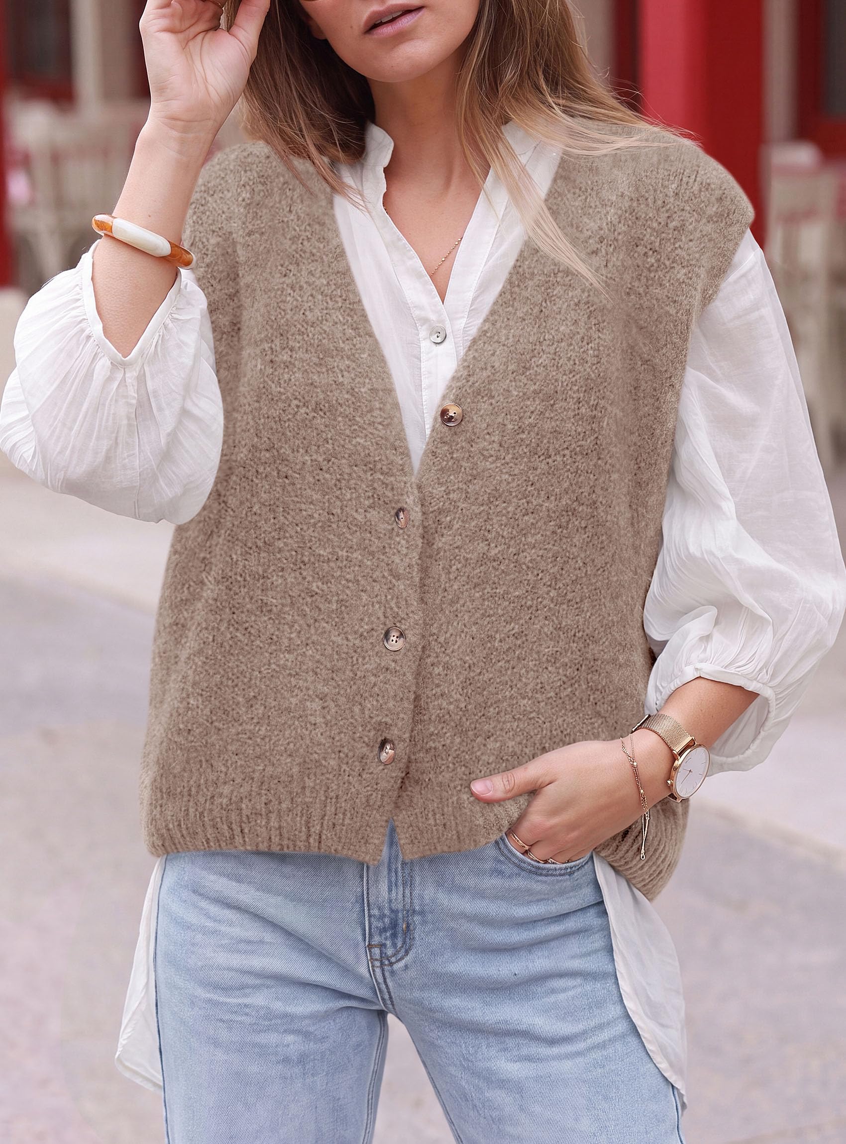 Womens Fall Sleeveless Button Down Sweater Vest,Apricot,S