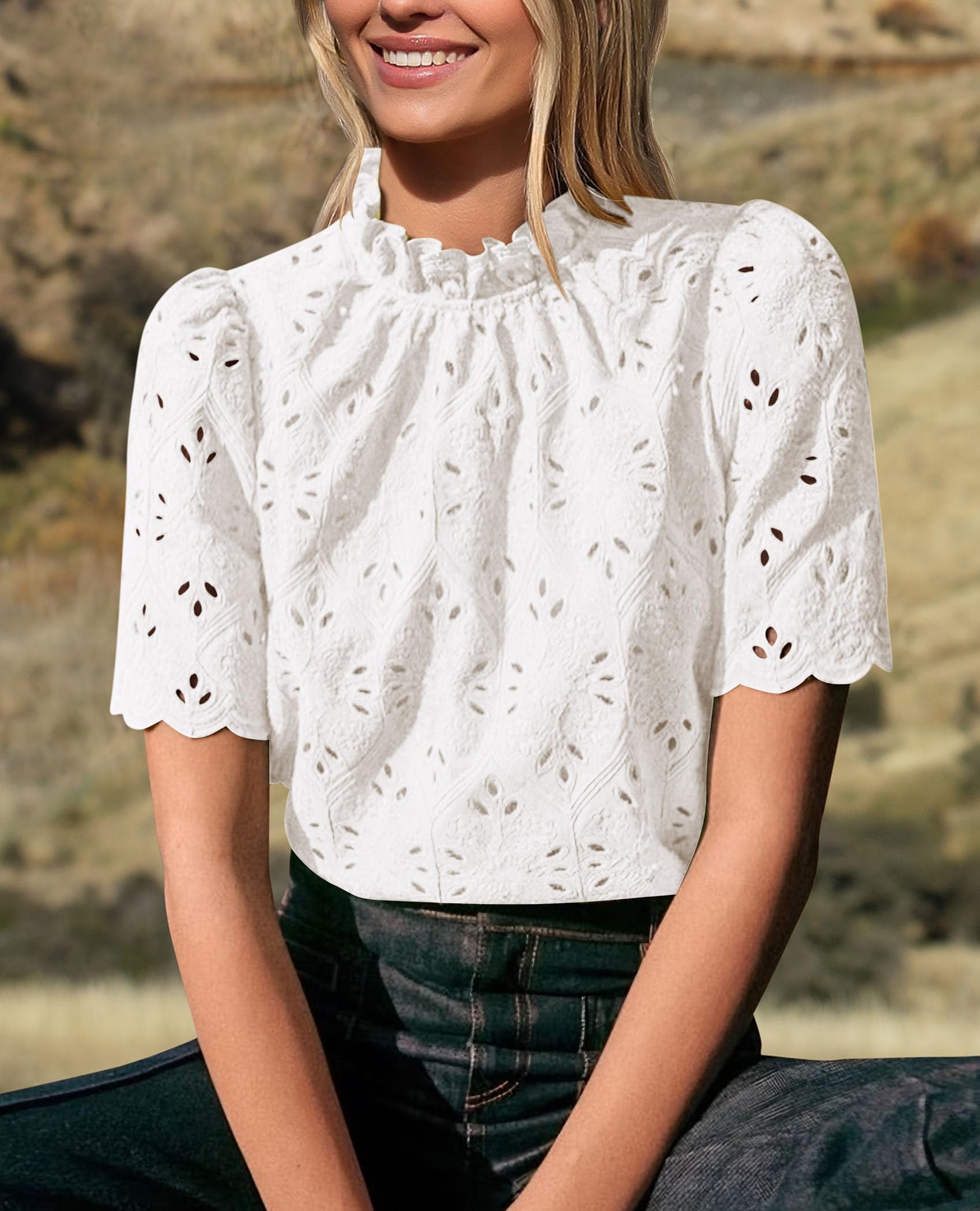 Women Summer Tops Eyelet Embroidered Shirts,White,XS
