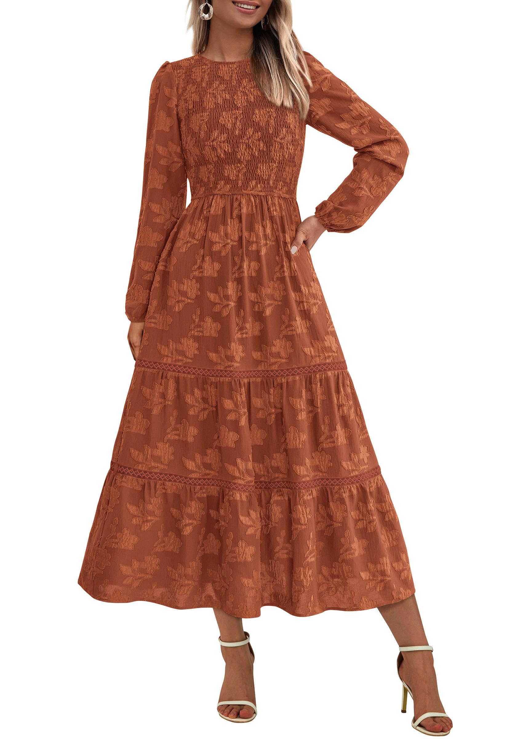 Women's Long Sleeve Boho Floral Midi Dress, Brick Red,S