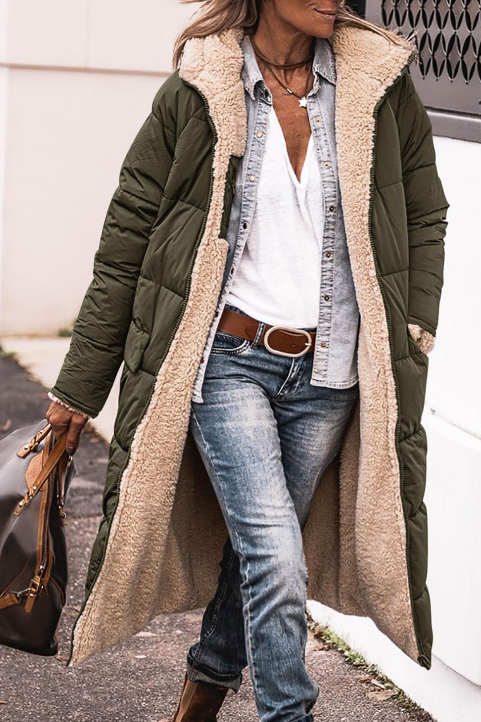 Women's Winter Fleece Warm Long Coats(Army Green,Small)