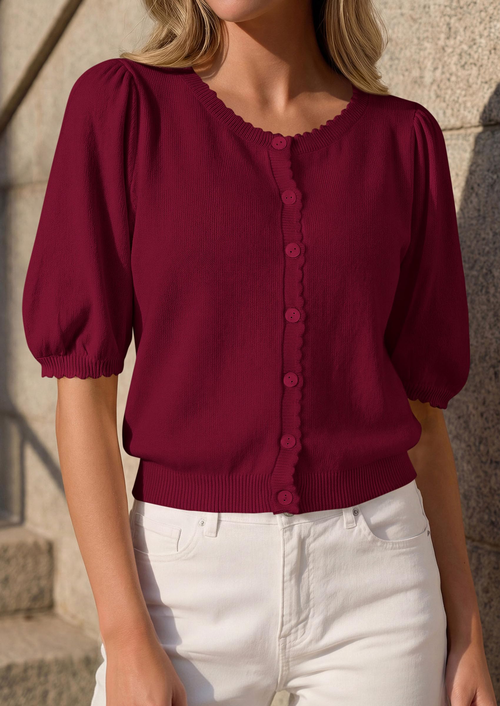Women Short Sleeve Lightweight Knit Cardigans, Burgundy,S