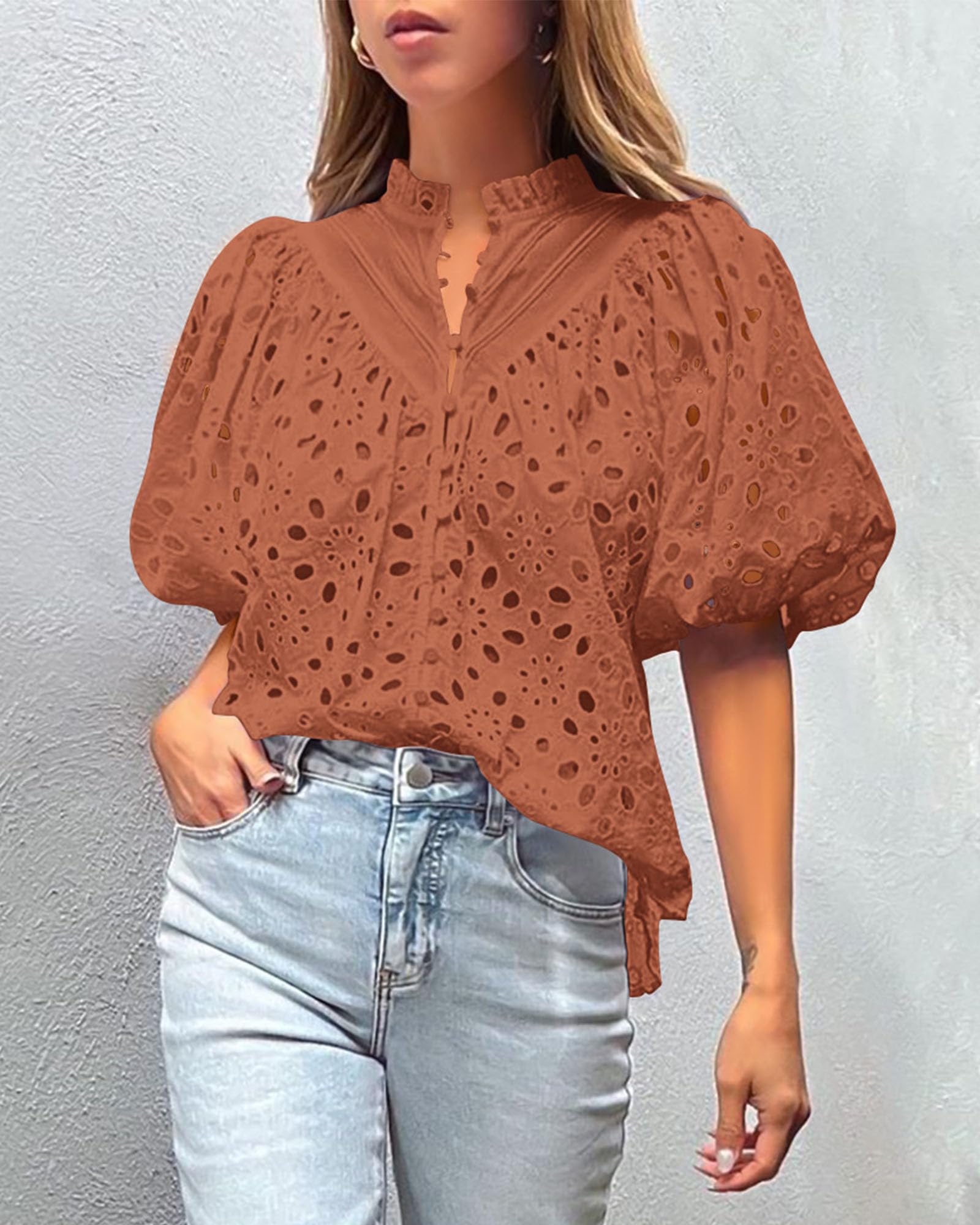 Womens Tops Boho Eyelet Puff Sleeve Blouse, Brick Red,S
