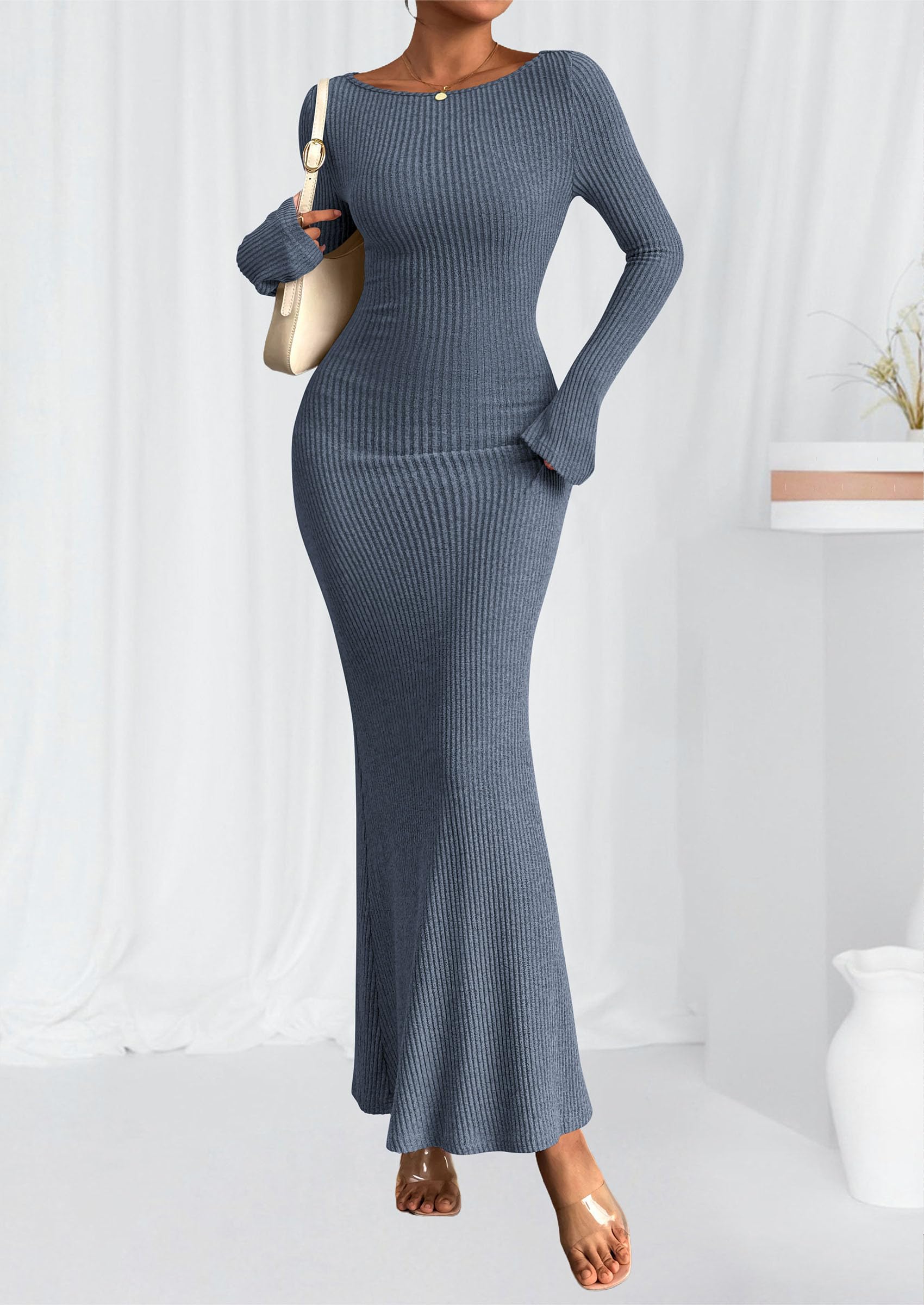 Women's Fall Long Sleeve Bodycon Maxi Dresses (Dusty Blue,XS)