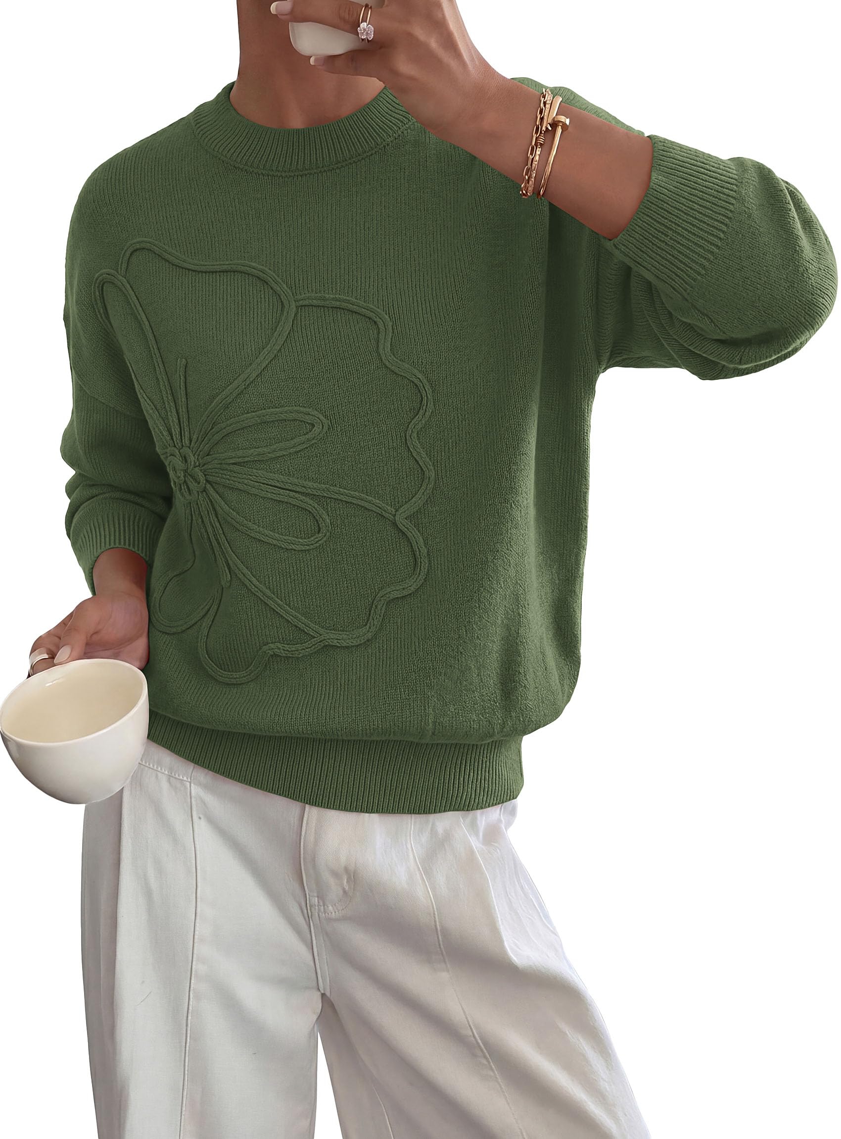 Womens Sweaters Floral Long Sleeve Knit Tops,Army Green,S