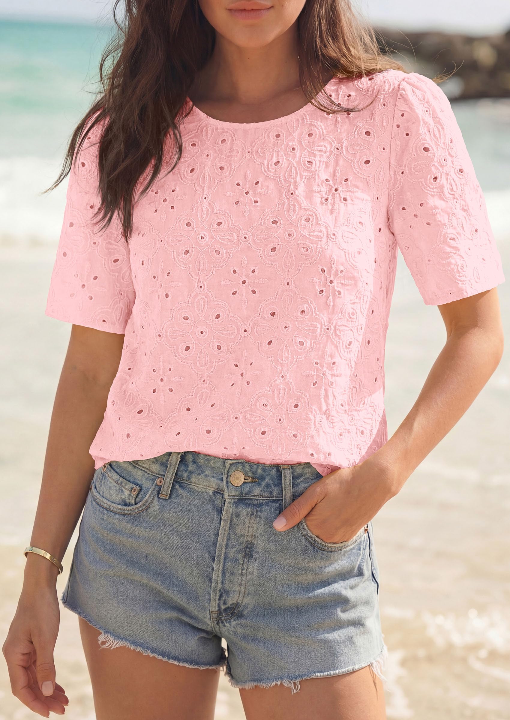 Women's Embroidered Eyelet Short Sleeve Blouse, Pink,XS