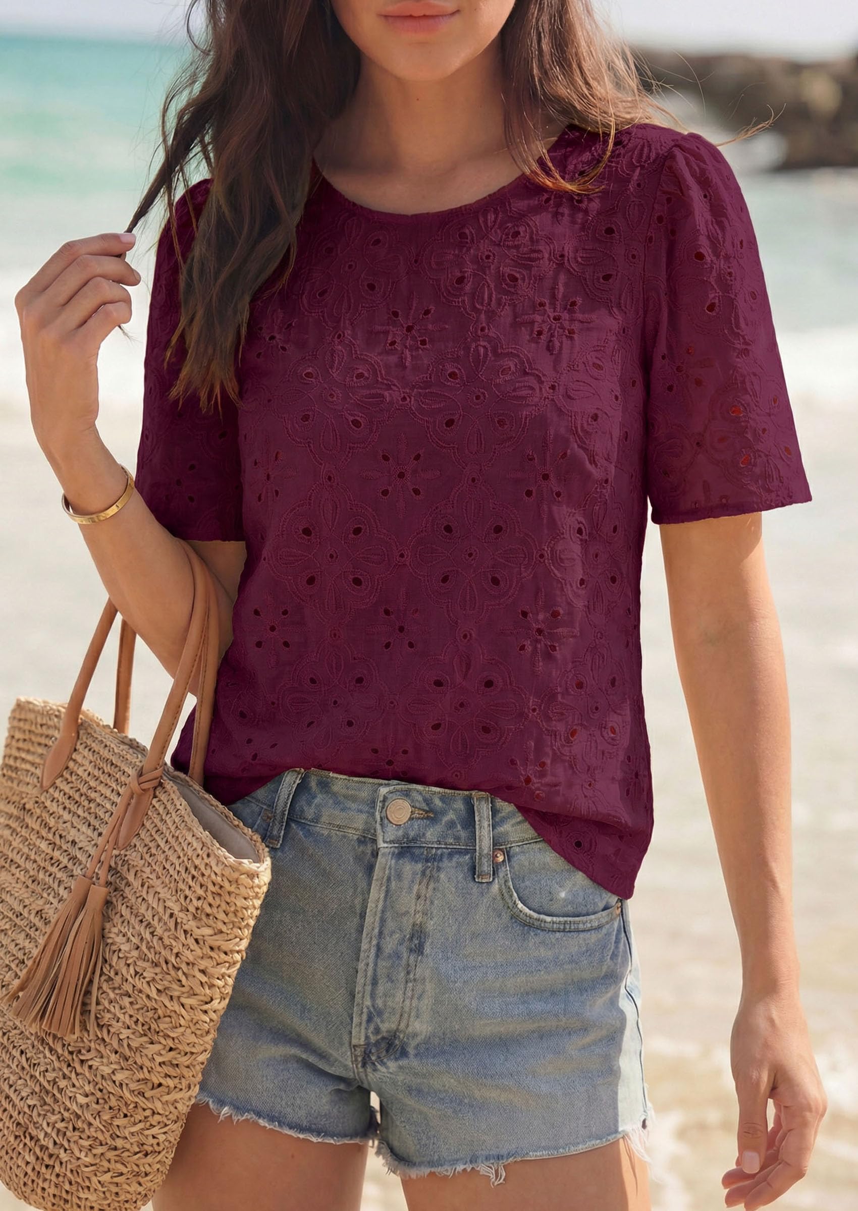Women's Embroidered Eyelet Short Sleeve Blouse, Burgundy,XS